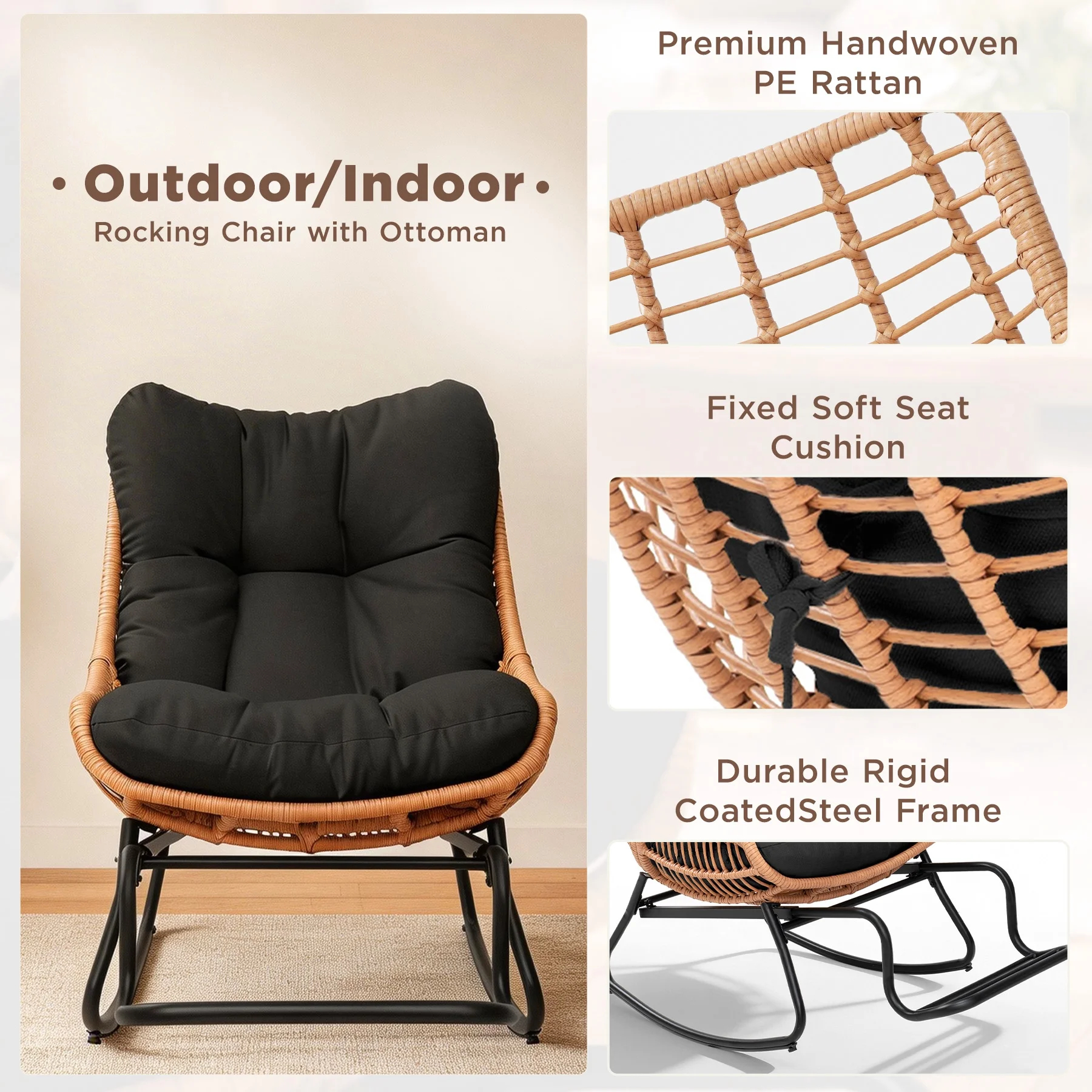 Tappio Wicker Rocking Chair with Adjustable Footrest, Outdoor Patio Egg Rocking Chair with Thick Cushion, Indoor Papasan Reading Lounge Recliner for Garden, Porch, Living Room