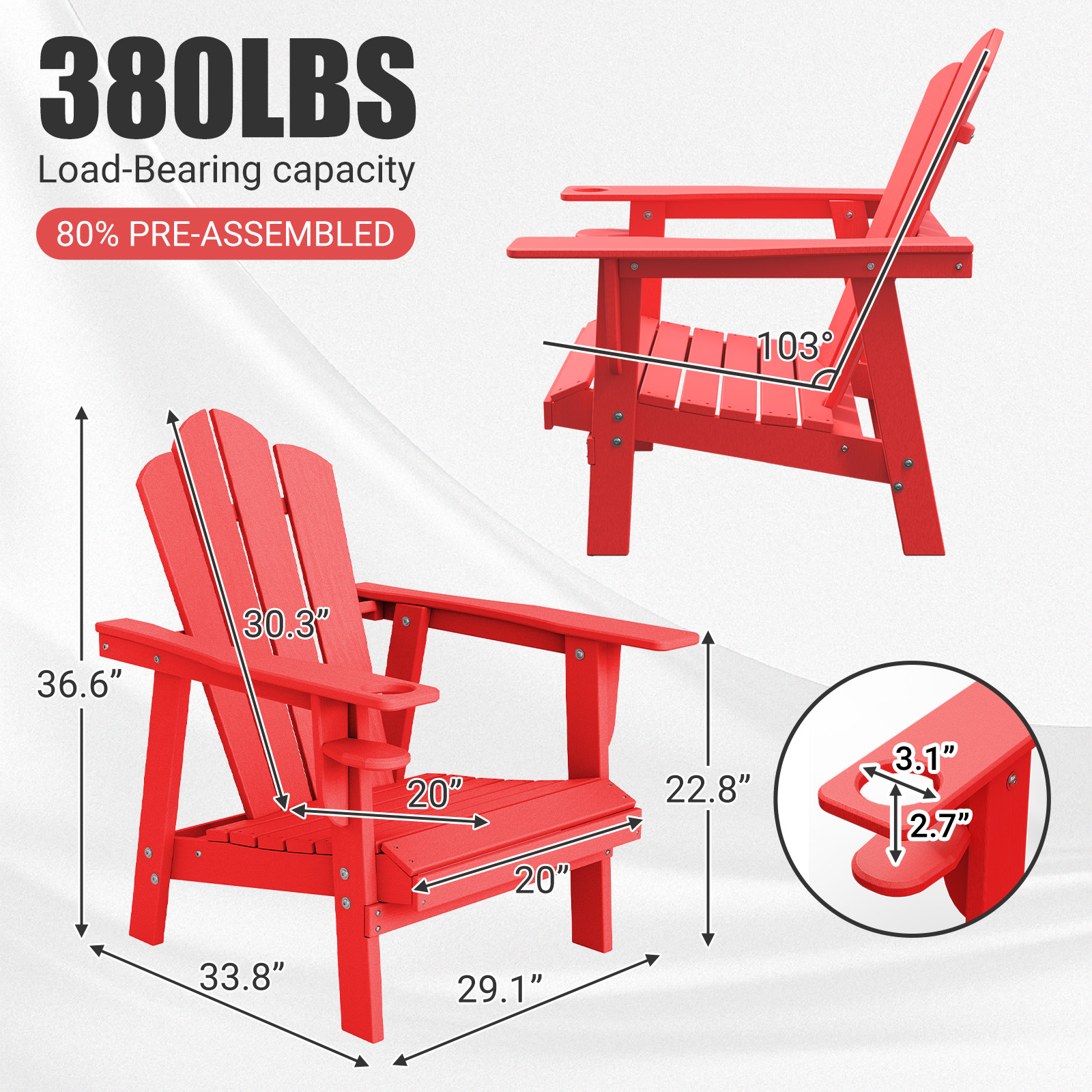 Tappio Adirondack Chair, All Weather Outdoor Patio Chair with Cup Holder, Porch Poolside Chair for Lawn, Yard, Red