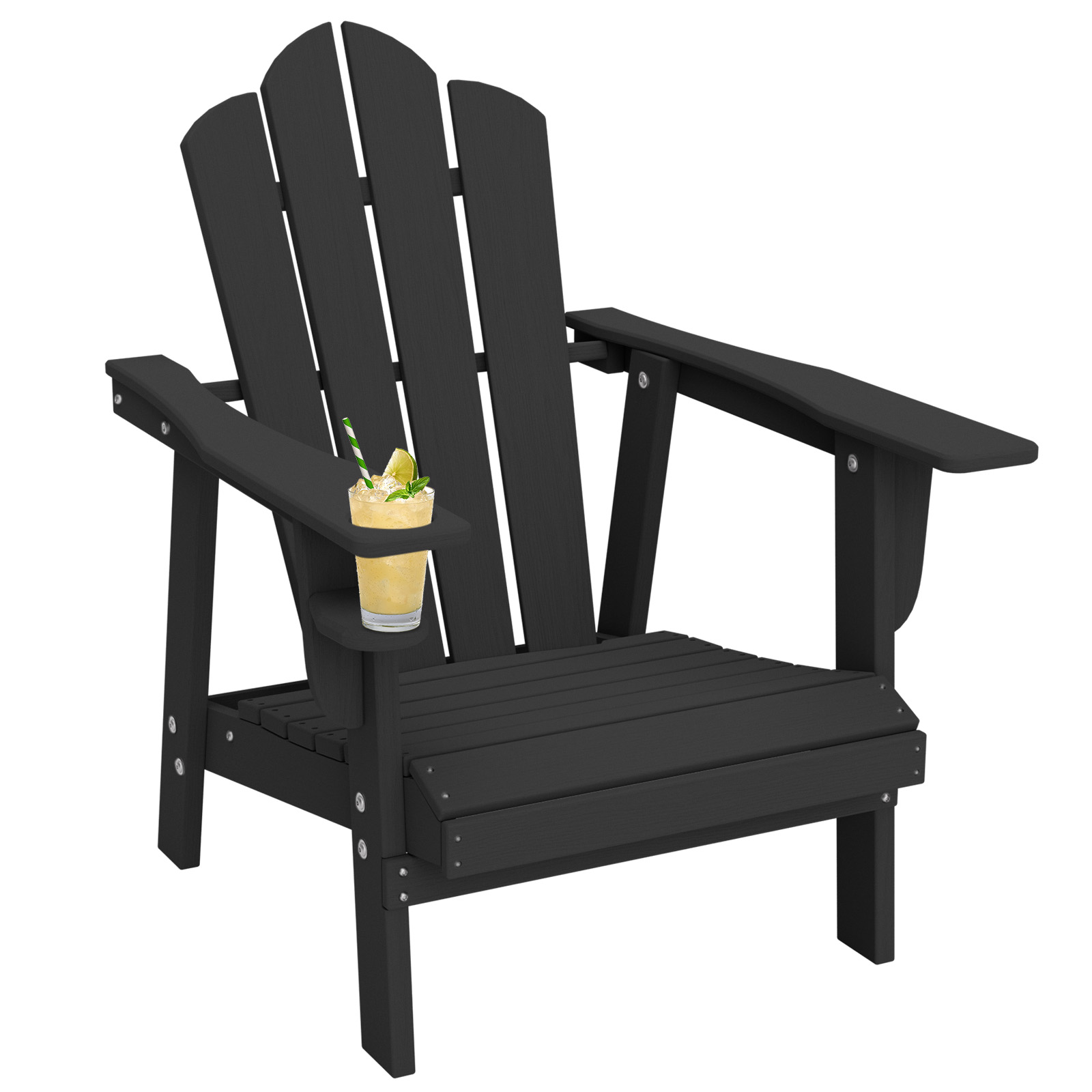 Tappio Adirondack Chair, All Weather Outdoor Patio Chair with Cup Holder, Porch Poolside Chair for Lawn, Yard, Black
