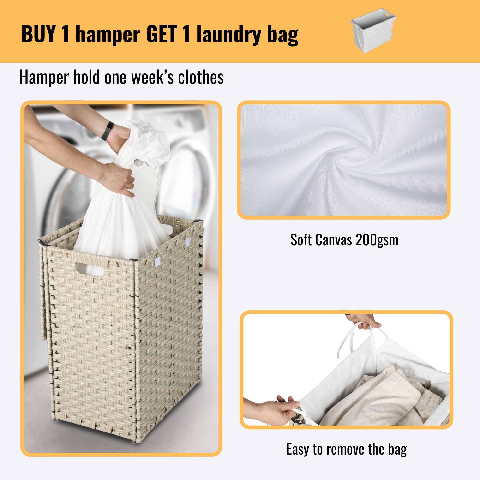 Tappio 100L Laundry Hamper with Lid and Handles, Foldable Laundry Basket with Detachable Oxford Laundry Bag, Powder Coated Steel, Natural