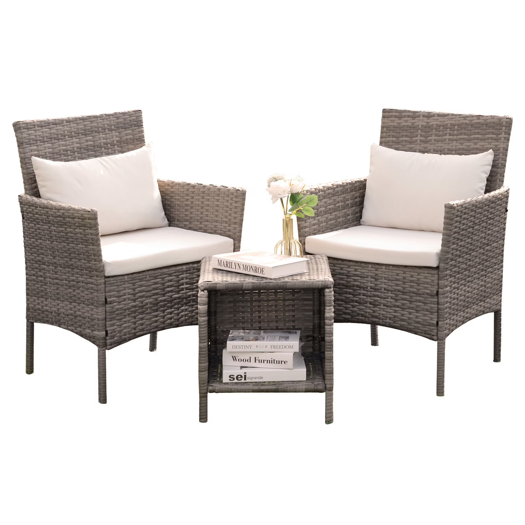 Tappio 3 Piece Patio Conversation Bistro Set Outdoor Chat Furniture, Porch Balcony Furniture Set,Wicker Chairs and Storable Table Set for Patio Balcony Backyard Apartment, Gray/Beige