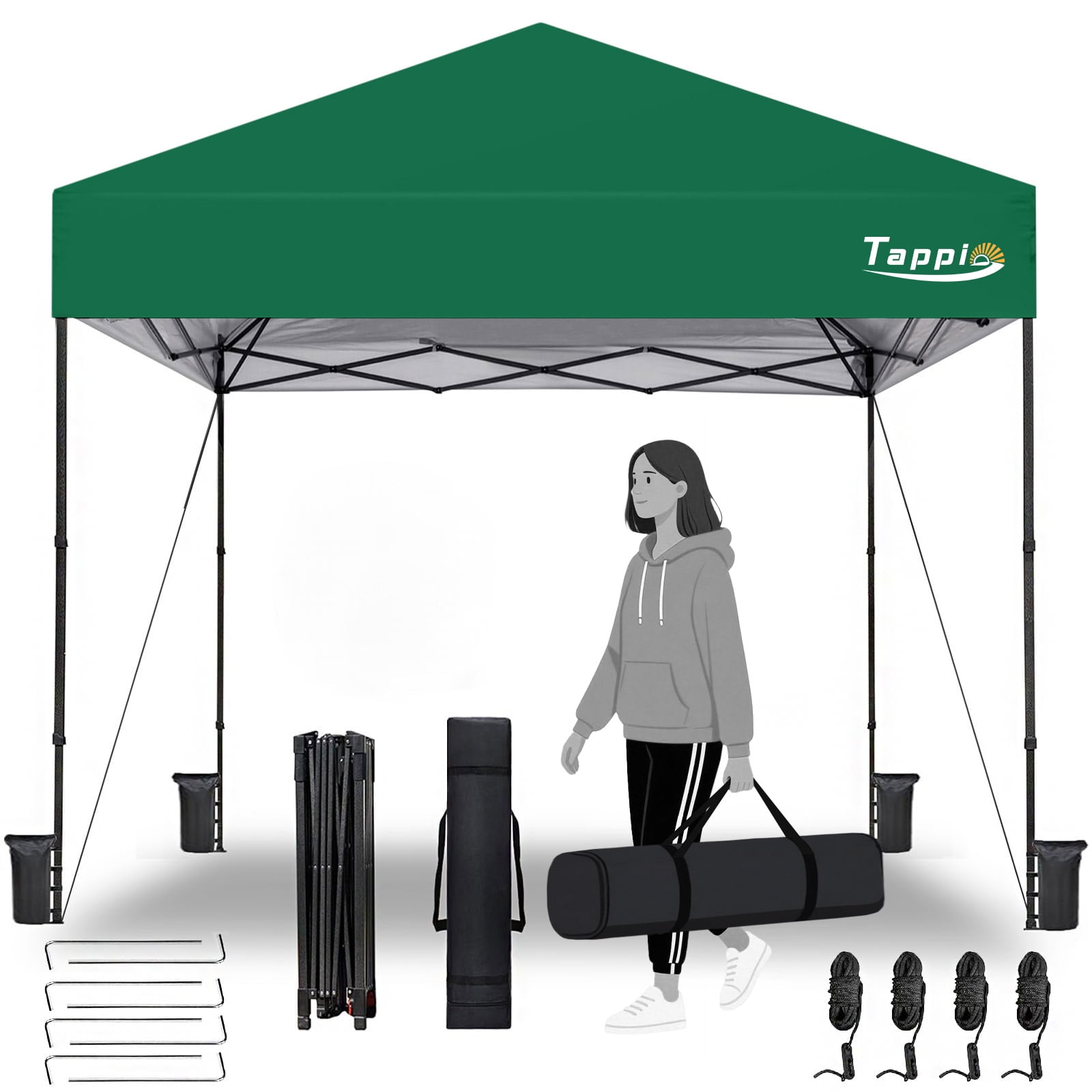 Tappio 10'x10' Pop Up Canopy Tent, Outdoor Instant Canopy Patio Gazebo Event Tent, Portable Waterproof Pop-up Canopy with 8 Stakes, 4 Ropes, 4 Sandbags and 1 Handbag for Party Camping Backyard, Green