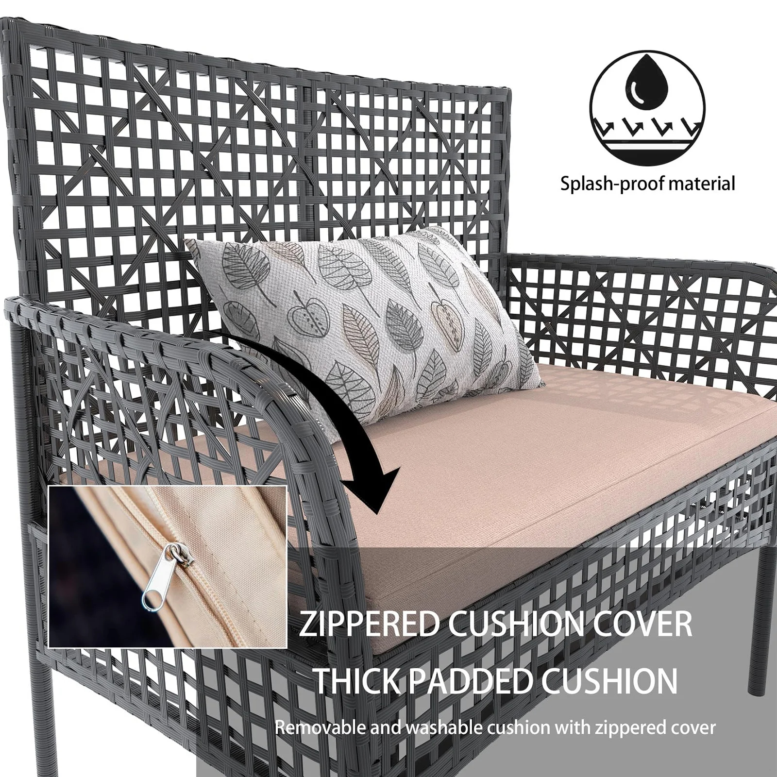 Tappio 4 Piece Outdoor Rattan Furniture Patio Conversation Set, Wicker Sofa Outdoor Patio Sets with Cushions and 2-Tier Table for Yard, Pool or Backyard, Beige