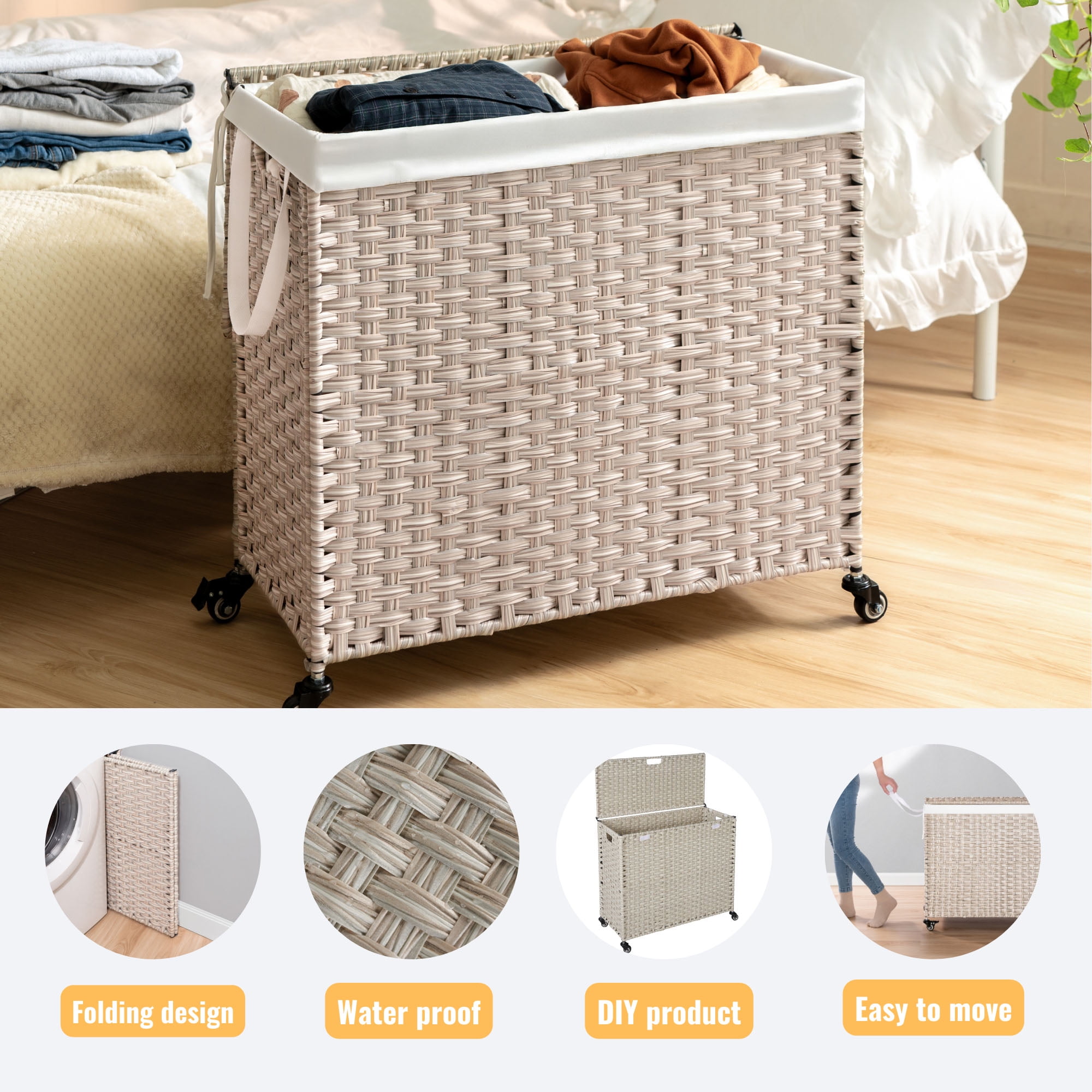 Tappio 160L Large Laundry Hamper with Lid and Handles, Foldable Laundry Basket with Lockable Universal Wheels and 2 Detachable Oxford Laundry Bags, Powder Coated Steel, Natural