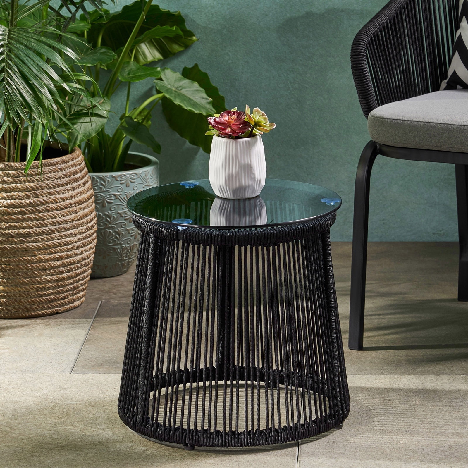 Tappio Patio Rattan Round Side End Table, Tempered Glass Top End Table with Adjustable Foot Pads, Black Small Bistro Table ﻿
