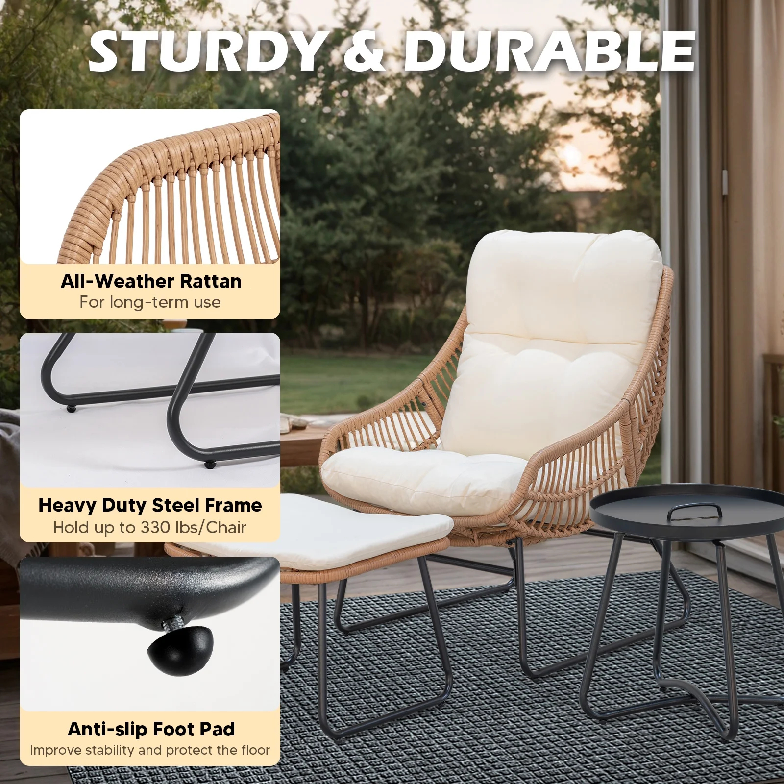 Tappio 3 PCS Wicker Papasan Egg Chair, Outdoor Patio Basket Lounge Chair Indoor Oversized Egg Lounger with Thick Cushion and Table for Living Room Bedroom Balcony Porch