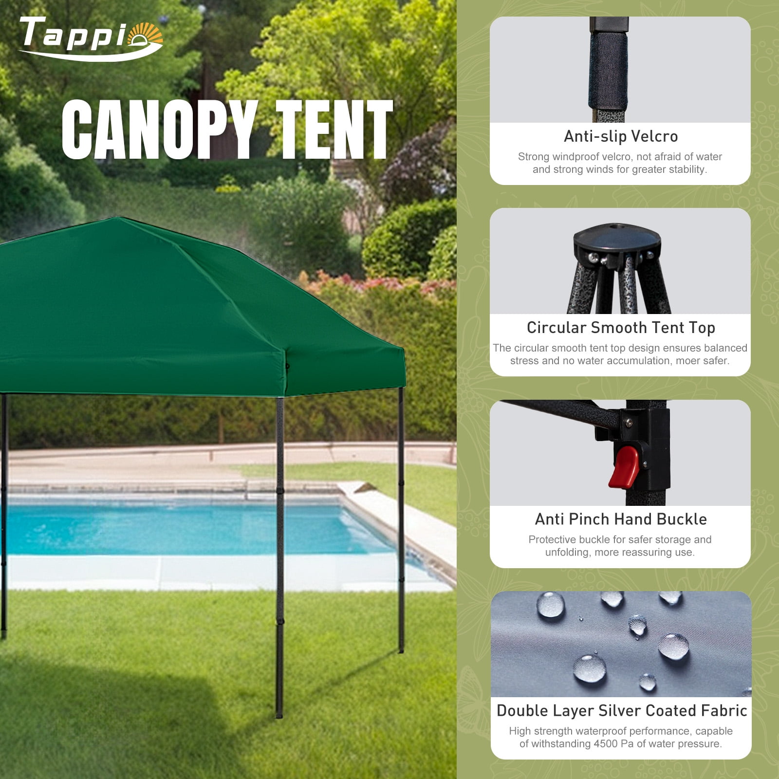 Tappio 10'x10' Pop Up Canopy Tent, Outdoor Instant Canopy Patio Gazebo Event Tent, Portable Waterproof Pop-up Canopy with 8 Stakes, 4 Ropes, 4 Sandbags and 1 Handbag for Party Camping Backyard, Green