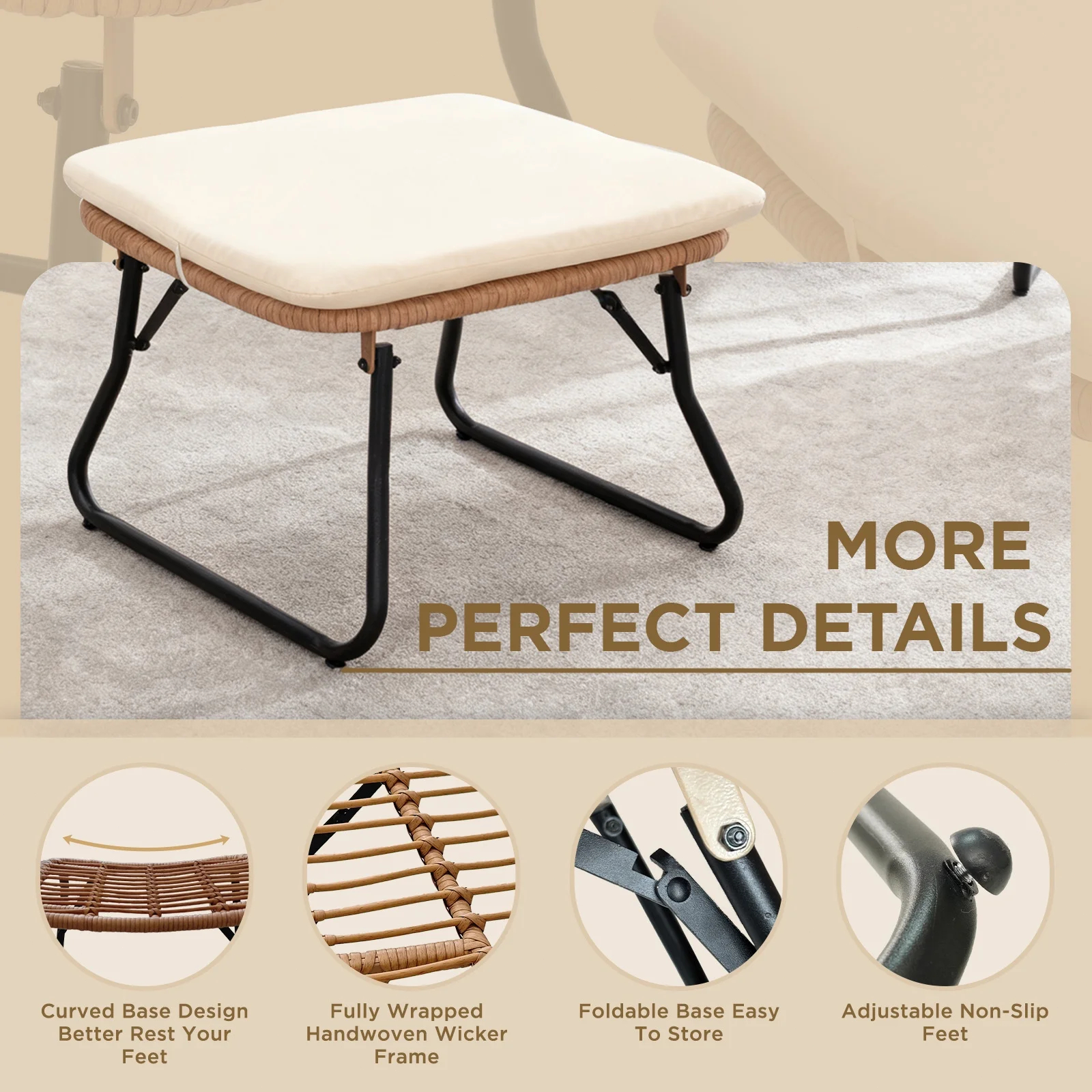 Tappio Foldable Ottoman Stool, All Weather Wicker Footstool with Cushion and Non-Slip Pads, Outdoor Seating Footrest for Bedroom, Living Room, Porch, Balcony