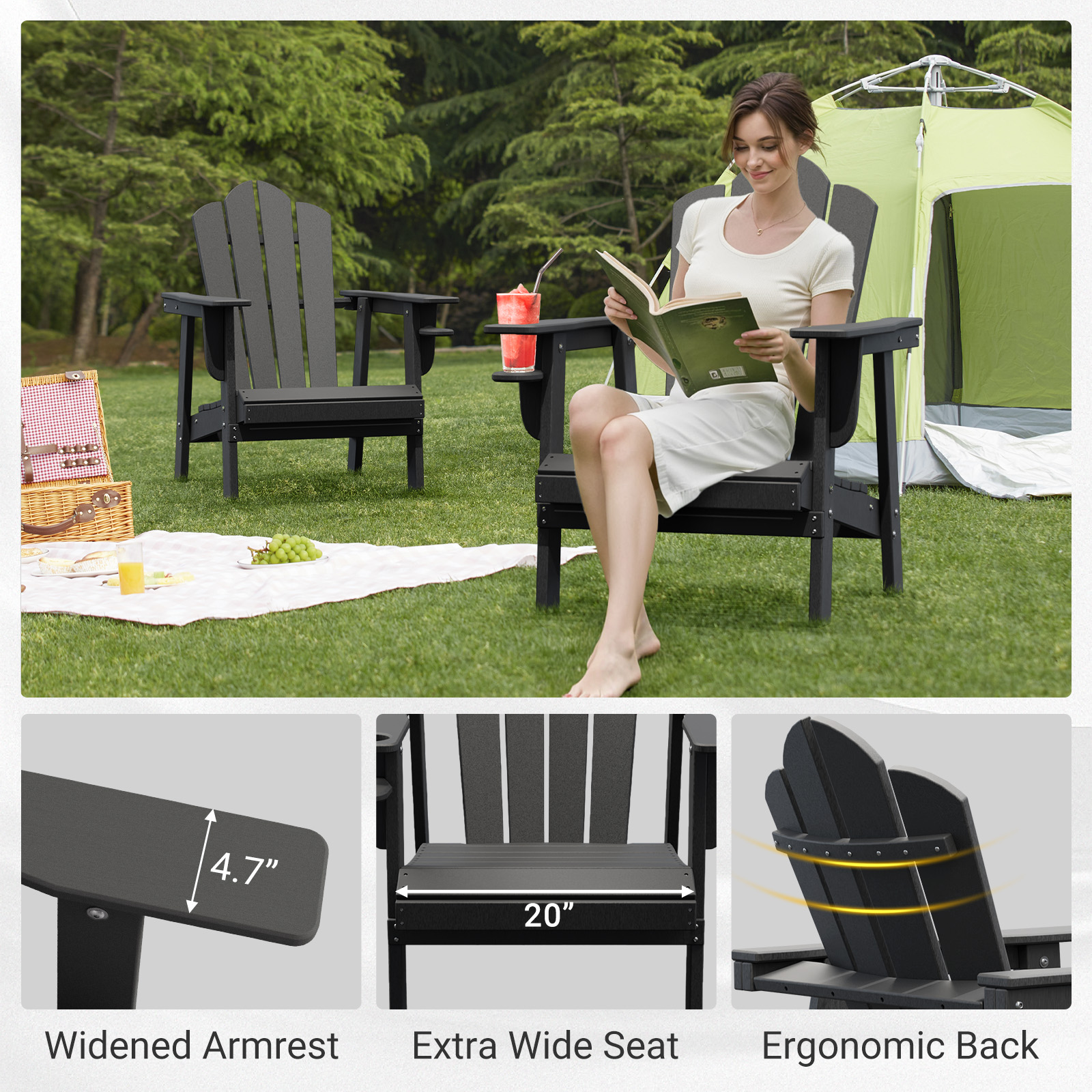 Tappio Adirondack Chair, All Weather Outdoor Patio Chair with Cup Holder, Porch Poolside Chair for Lawn, Yard, Gray