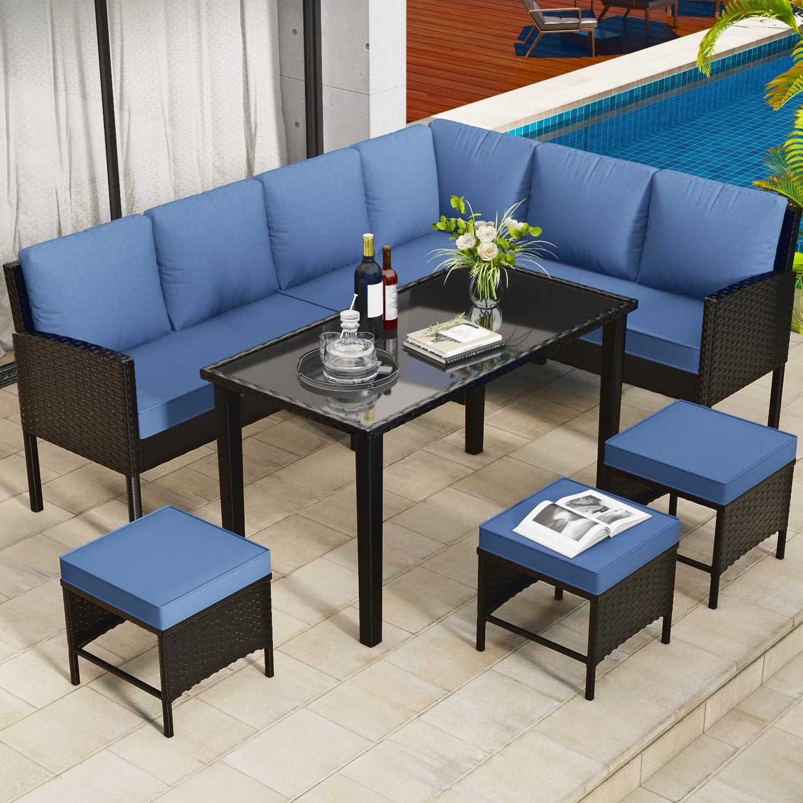 Tappio 4-Piece Rattan Patio Furniture Set, Outdoor Wicker Conversation Set with Tempered Glass Table
