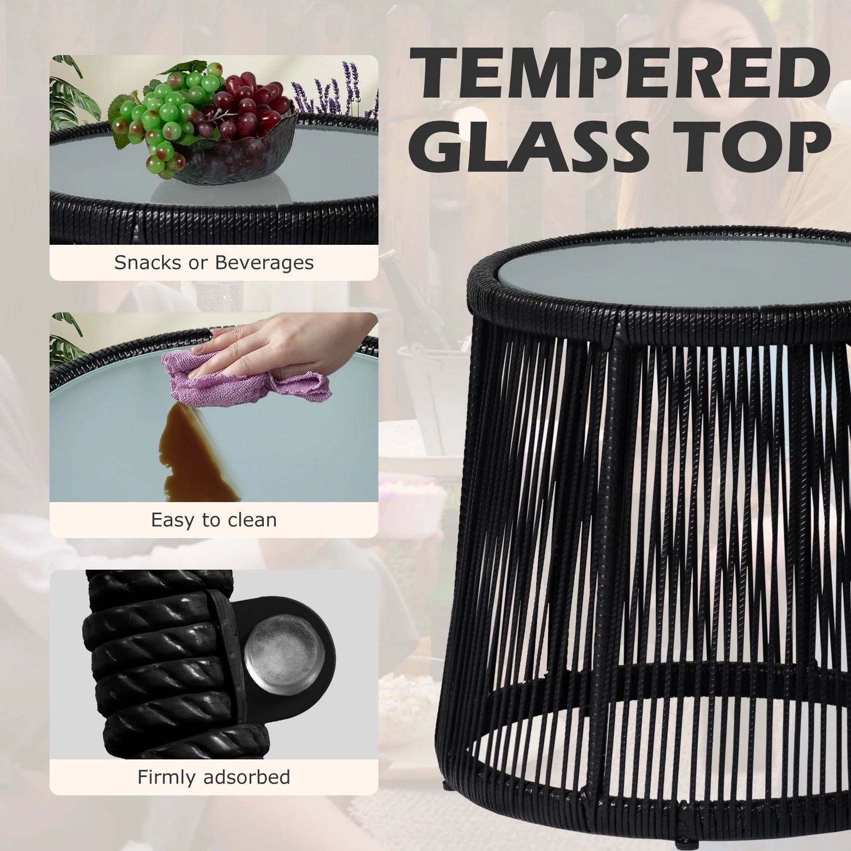 Tappio 3-Piece Patio Conversation Bistro Set Rattan Furniture, Outdoor Patio Set w/Glass Top Table & Cushions for Garden Balcony Backyard Poolside