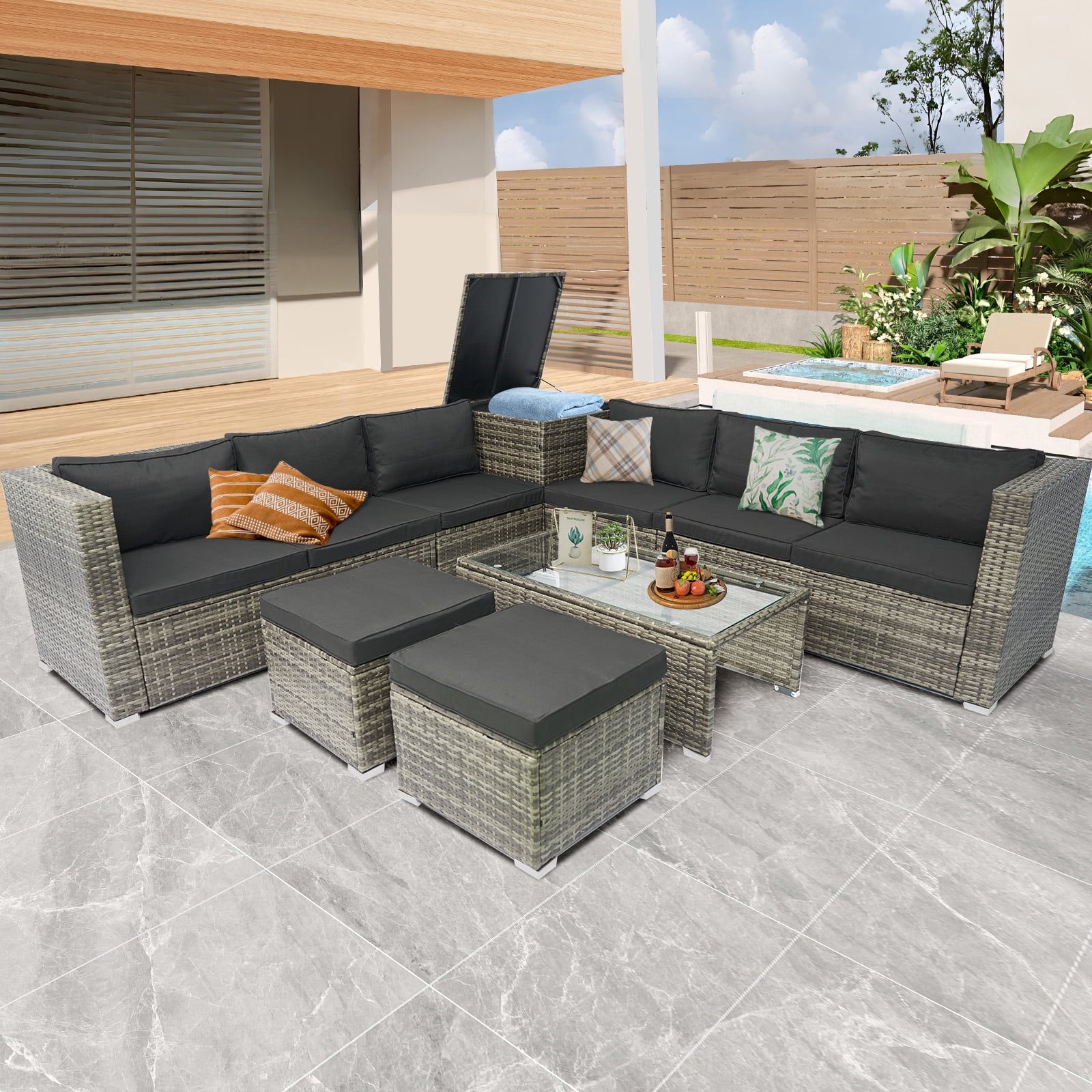 Tappio 10 Pieces Rattan Patio Furniture Set, Patio Conversation Set with Deck Box and Side Table Outdoor Sectional Furniture Set for Patio, Garden, Backyard, Grey/Black ﻿