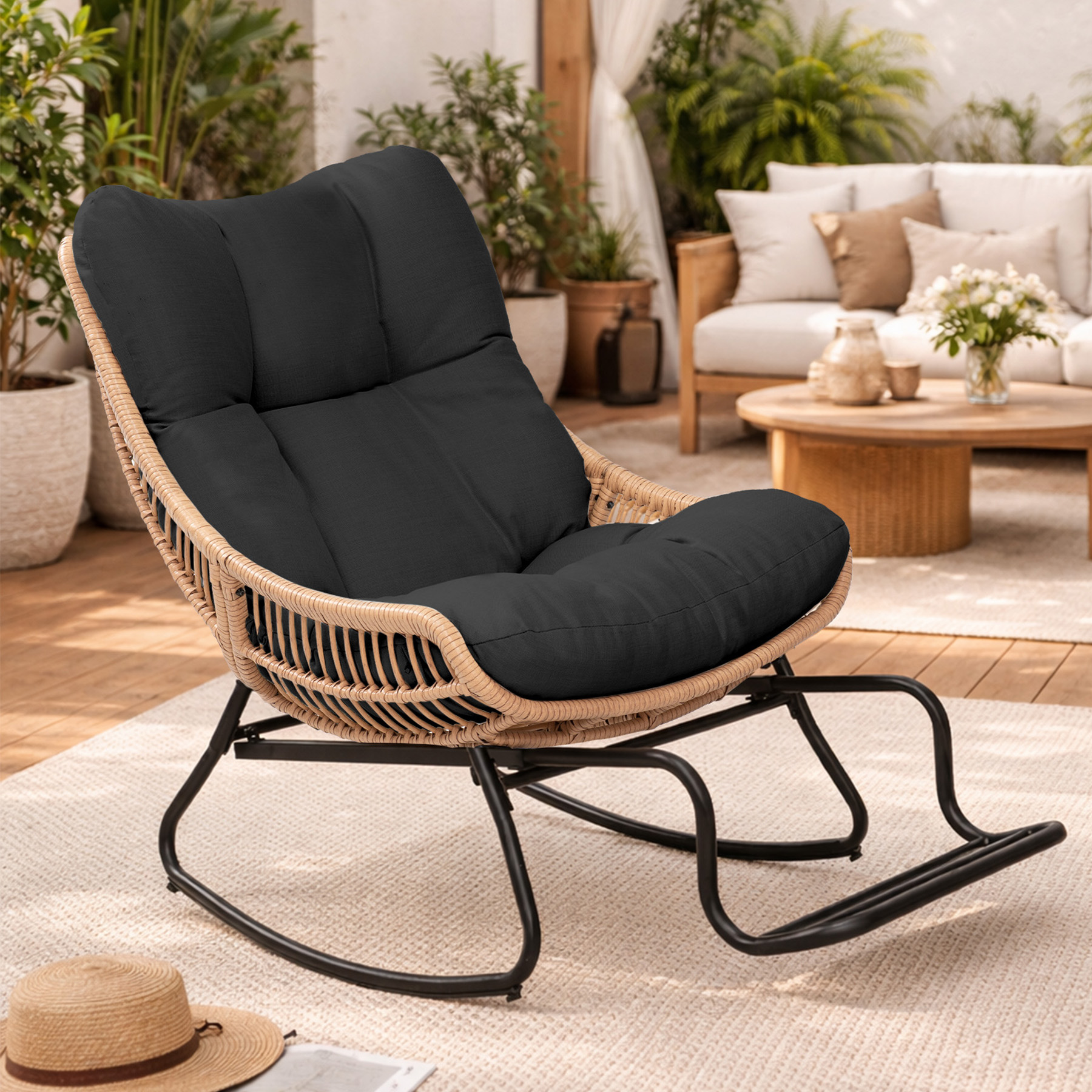 Tappio Wicker Rocking Chair with Adjustable Footrest, Outdoor Patio Egg Rocking Chair with Thick Cushion, Indoor Papasan Reading Lounge Recliner for Garden, Porch, Living Room