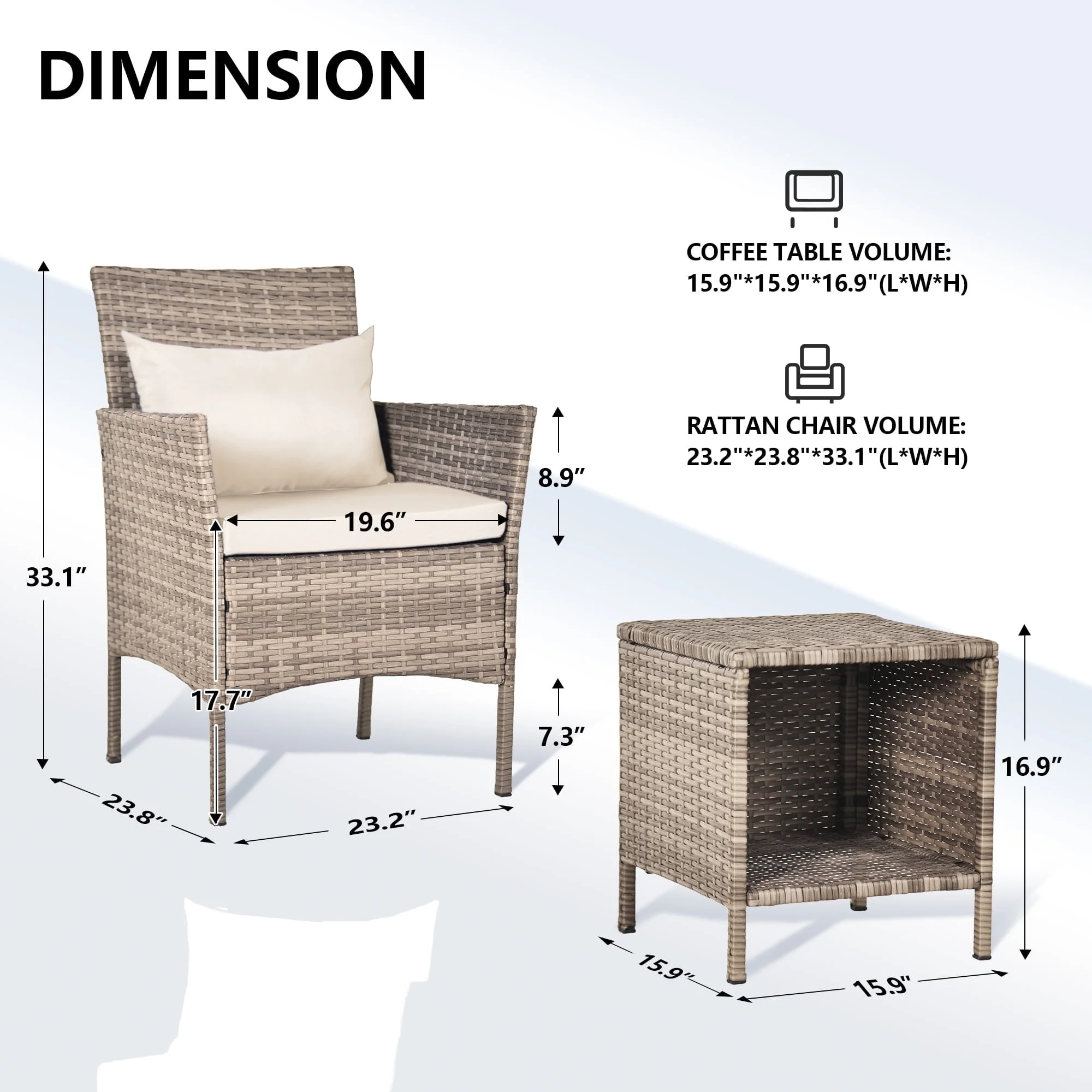Tappio 3 Piece Patio Conversation Bistro Set Outdoor Chat Furniture, Porch Balcony Furniture Set,Wicker Chairs and Storable Table Set for Patio Balcony Backyard Apartment, Gray/Beige