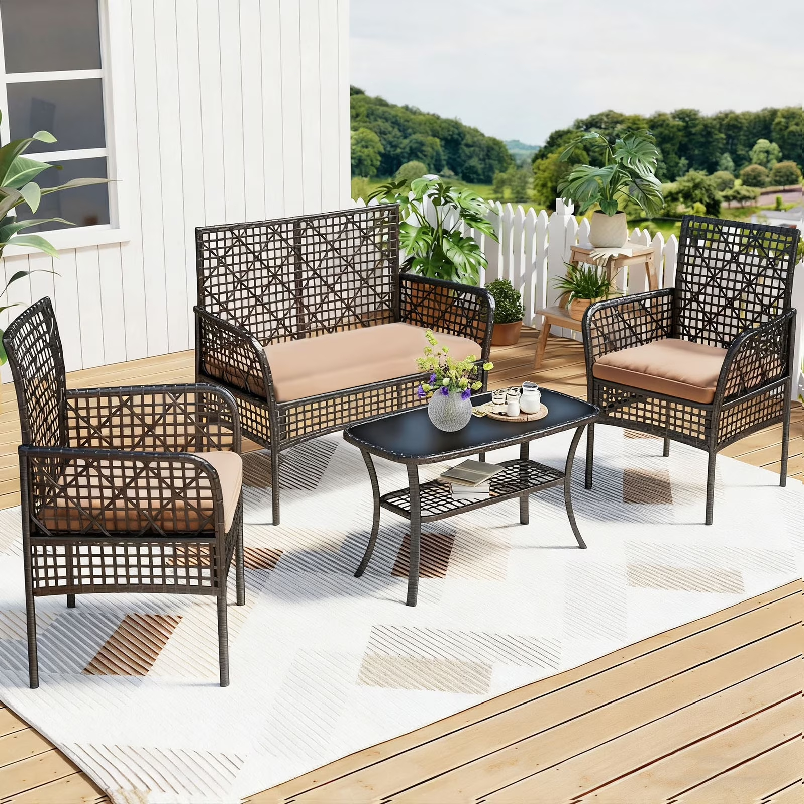 Tappio 4 Piece Outdoor Rattan Furniture Patio Conversation Set, Wicker Sofa Outdoor Patio Sets with Cushions and 2-Tier Table for Yard, Pool or Backyard, Beige