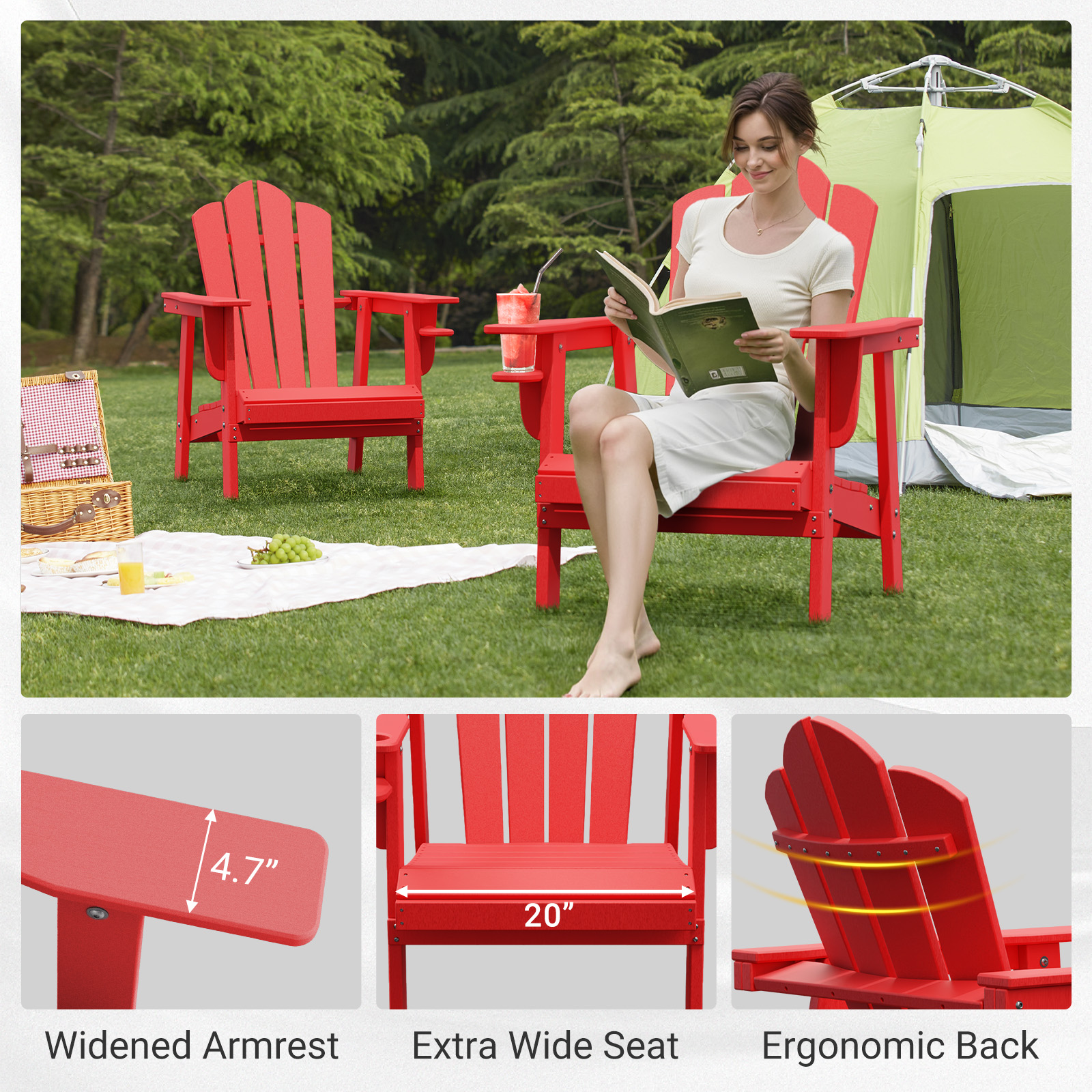 Tappio Adirondack Chair, All Weather Outdoor Patio Chair with Cup Holder, Porch Poolside Chair for Lawn, Yard, Red