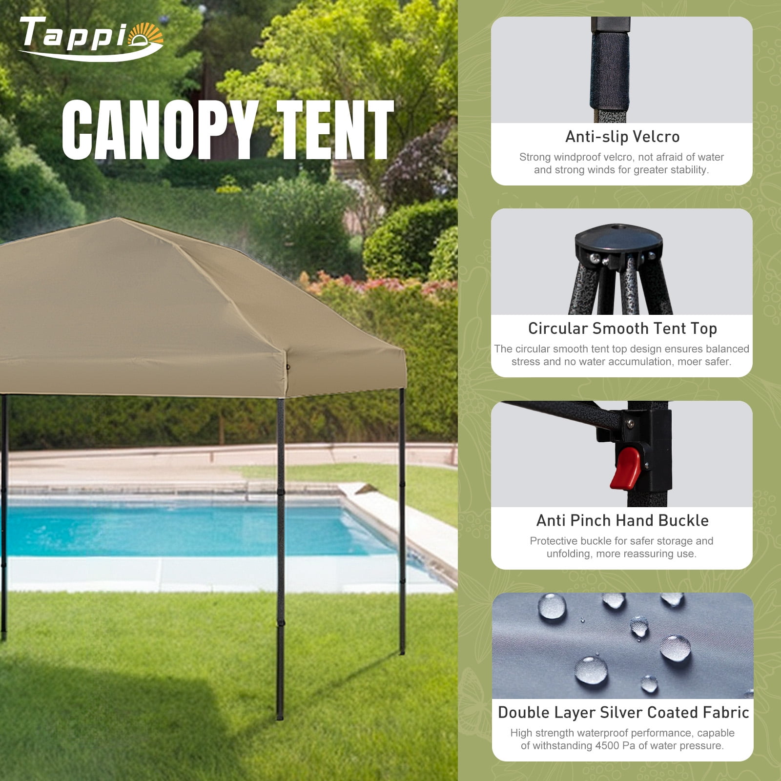 Tappio 10'x10' Pop Up Canopy Tent, Outdoor Instant Canopy Patio Gazebo Event Tent, Portable Waterproof Pop-up Canopy with 8 Stakes, 4 Ropes, 4 Sandbags and 1Handbag for Party Camping Backyard, Khaki