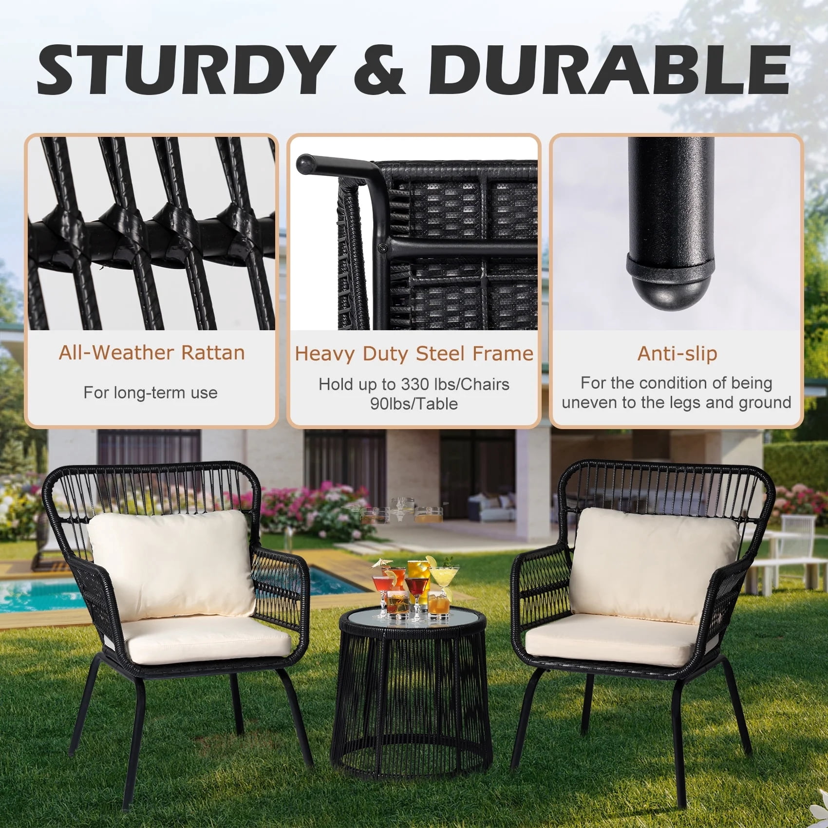 Tappio 3-Piece Patio Conversation Bistro Set Rattan Furniture, Outdoor Patio Set w/Glass Top Table & Cushions for Garden Balcony Backyard Poolside