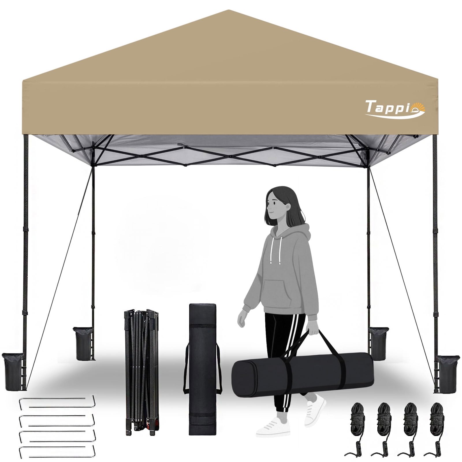 Tappio 10'x10' Pop Up Canopy Tent, Outdoor Instant Canopy Patio Gazebo Event Tent, Portable Waterproof Pop-up Canopy with 8 Stakes, 4 Ropes, 4 Sandbags and 1Handbag for Party Camping Backyard, Khaki