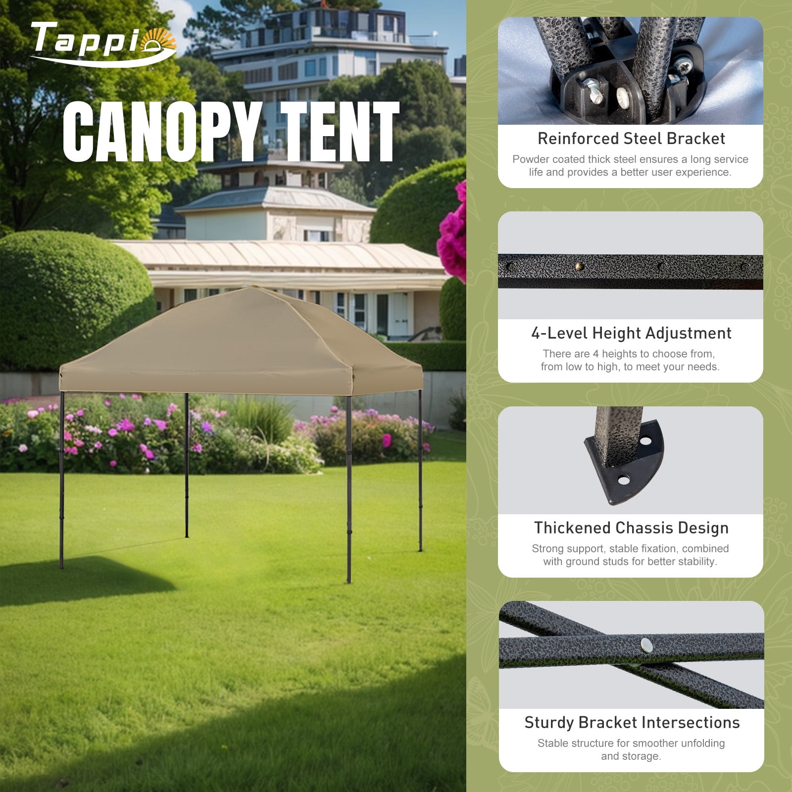 Tappio 10'x10' Pop Up Canopy Tent, Outdoor Instant Canopy Patio Gazebo Event Tent, Portable Waterproof Pop-up Canopy with 8 Stakes, 4 Ropes, 4 Sandbags and 1Handbag for Party Camping Backyard, Khaki