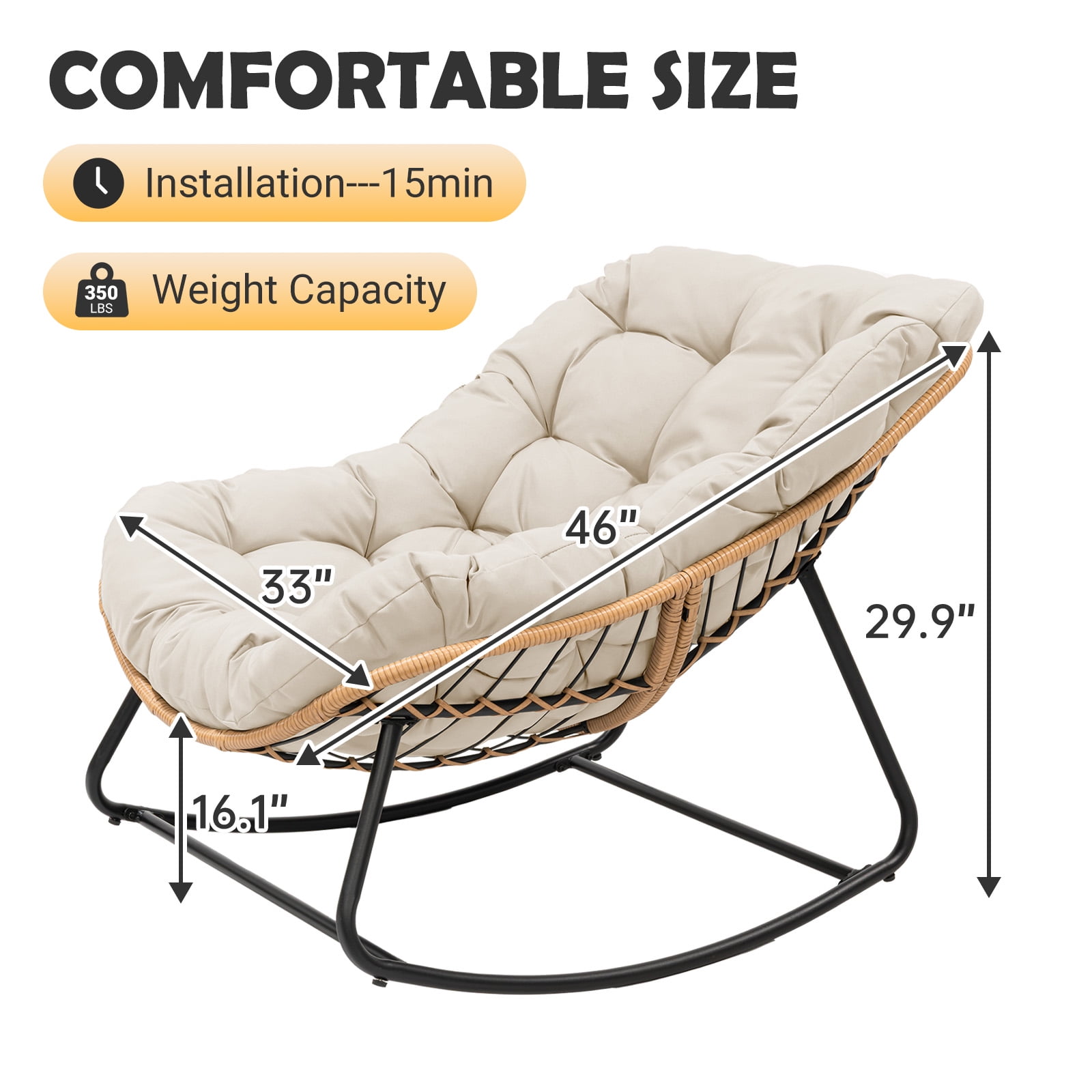 Tappio Outdoor Rocking Egg Chair, Indoor Papasan Chair Rattan Patio Wicker Lounge with Thick Cushion for Bedroom Living Room Garden Porch Backyard, Beige
