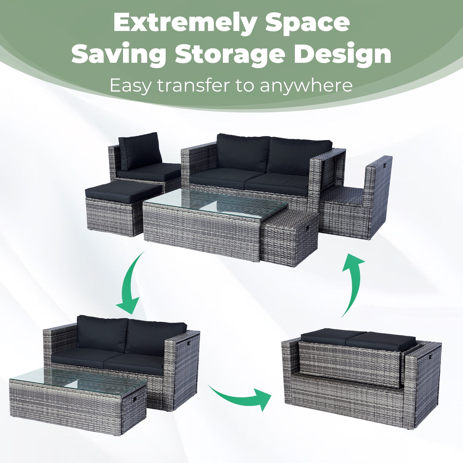 Tappio 7-Piece Rattan Patio Furniture Set, Storable Patio Conversation Set Outdoor Sectional Furniture Set for Patio, Garden, Backyard, Grey/Black