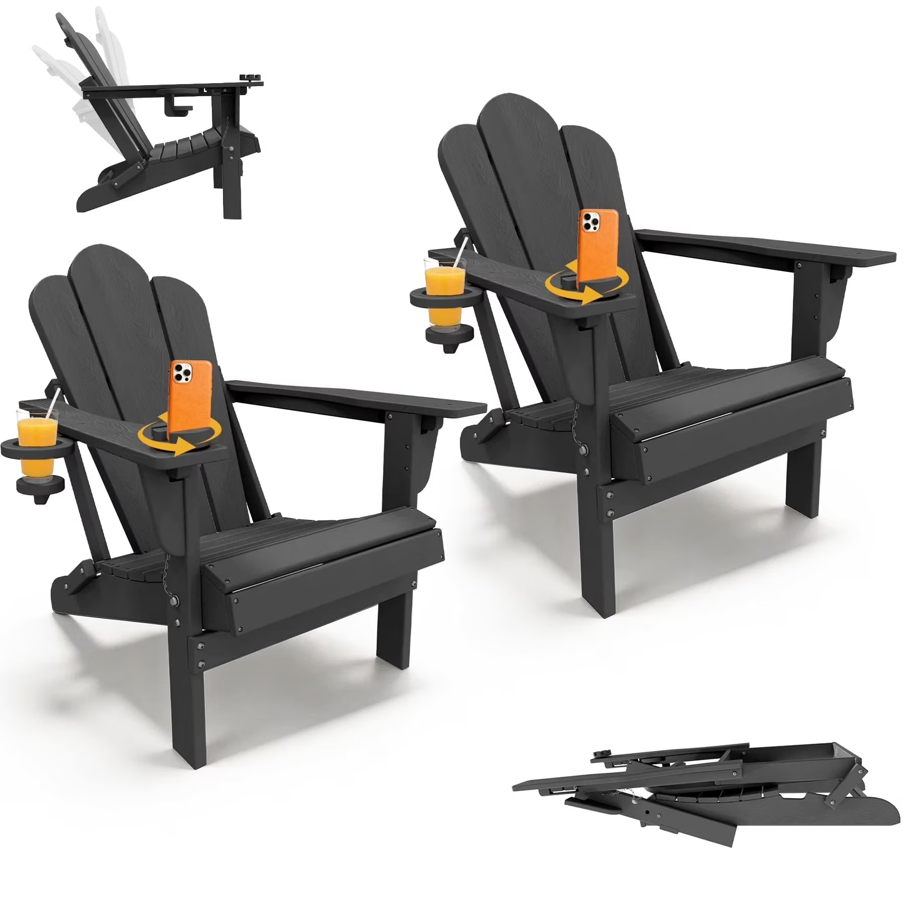 Tappio Folding Adirondack Chair All Weather HDPE Outdoor Patio Chairs with 3- Position Adjustable Backrest, Detachable Multifunctional Holders and Cup Holders, Fire Pit Chairs