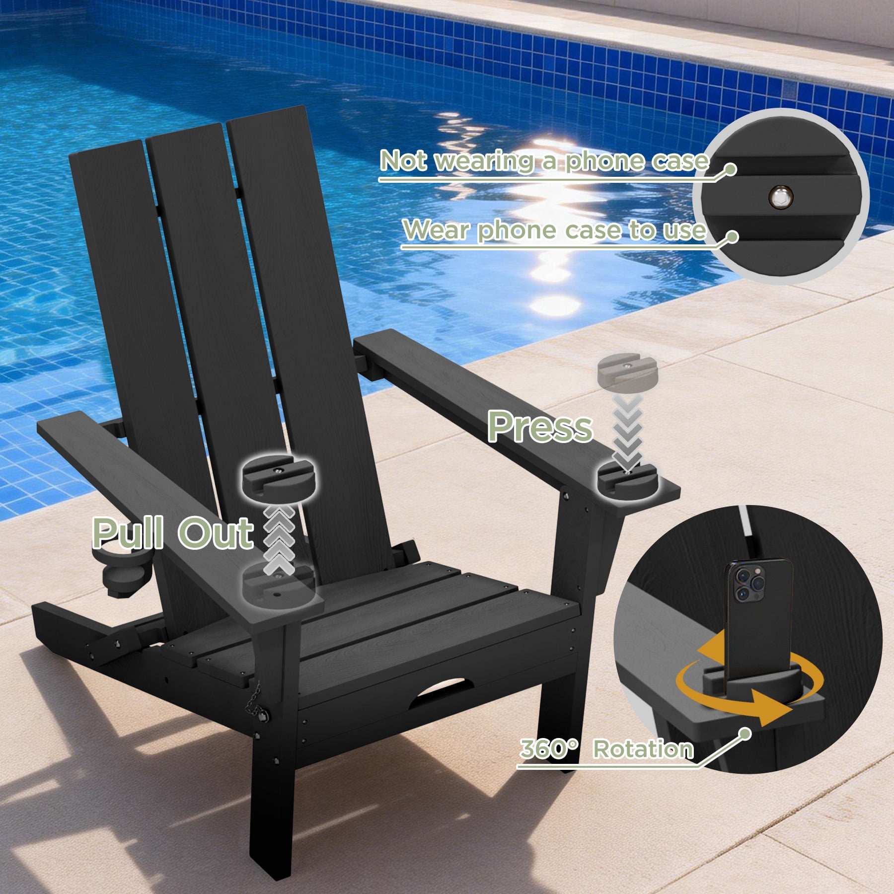 Tappio Folding Adirondack Chair All Weather HDPE Outdoor Patio Chairs with Detachable Multifunctional Holders and Cup Holders, Fire Pit Chairs for Yard Garden Poolside