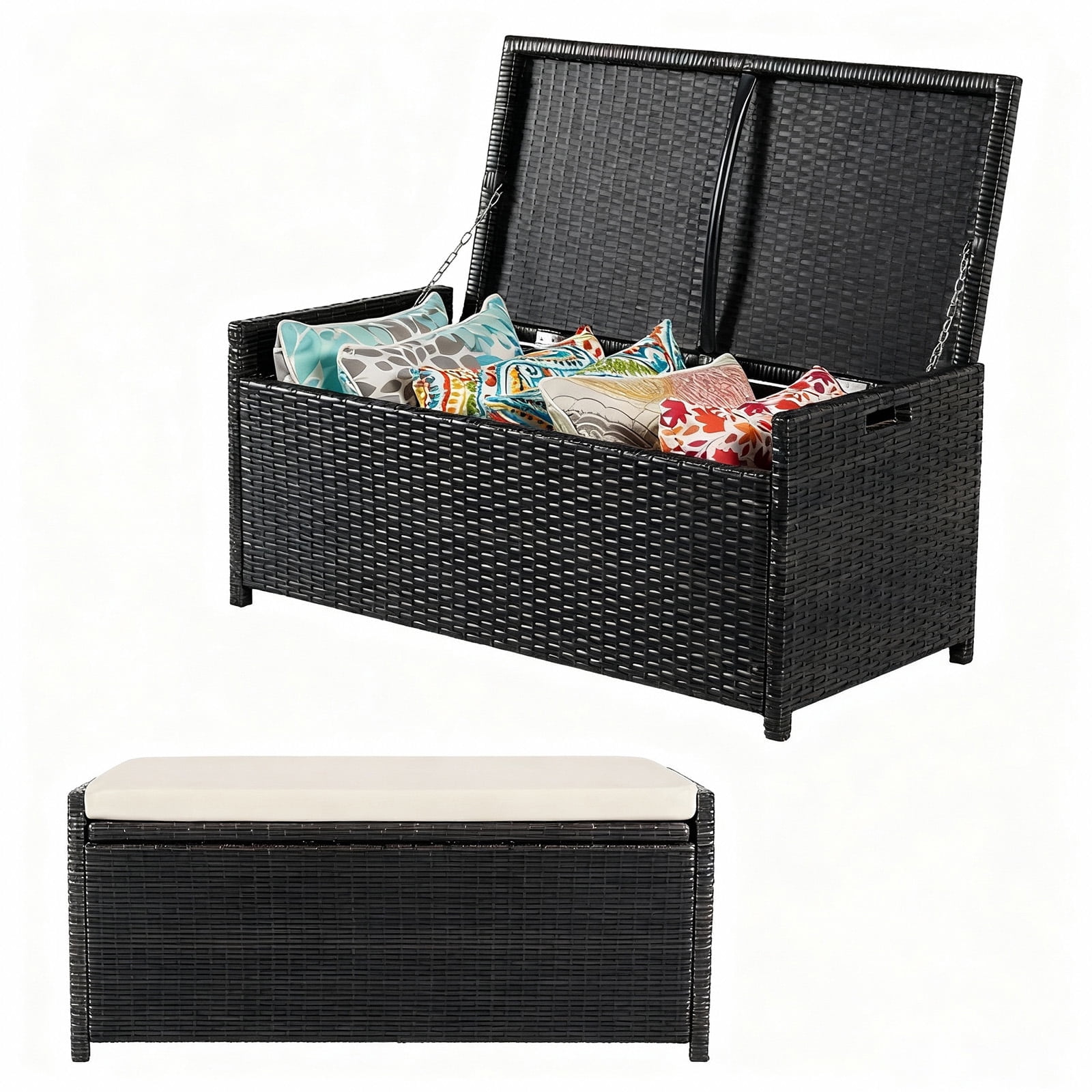Tappio Multifunctional Outdoor Deck Box, All-Weather PE Rattan Storage Bench Box with Cushions and Waterproof Bag, Storage Box Deck Bin for for Pool Tools, Outdoor Equipments and Garden Tools