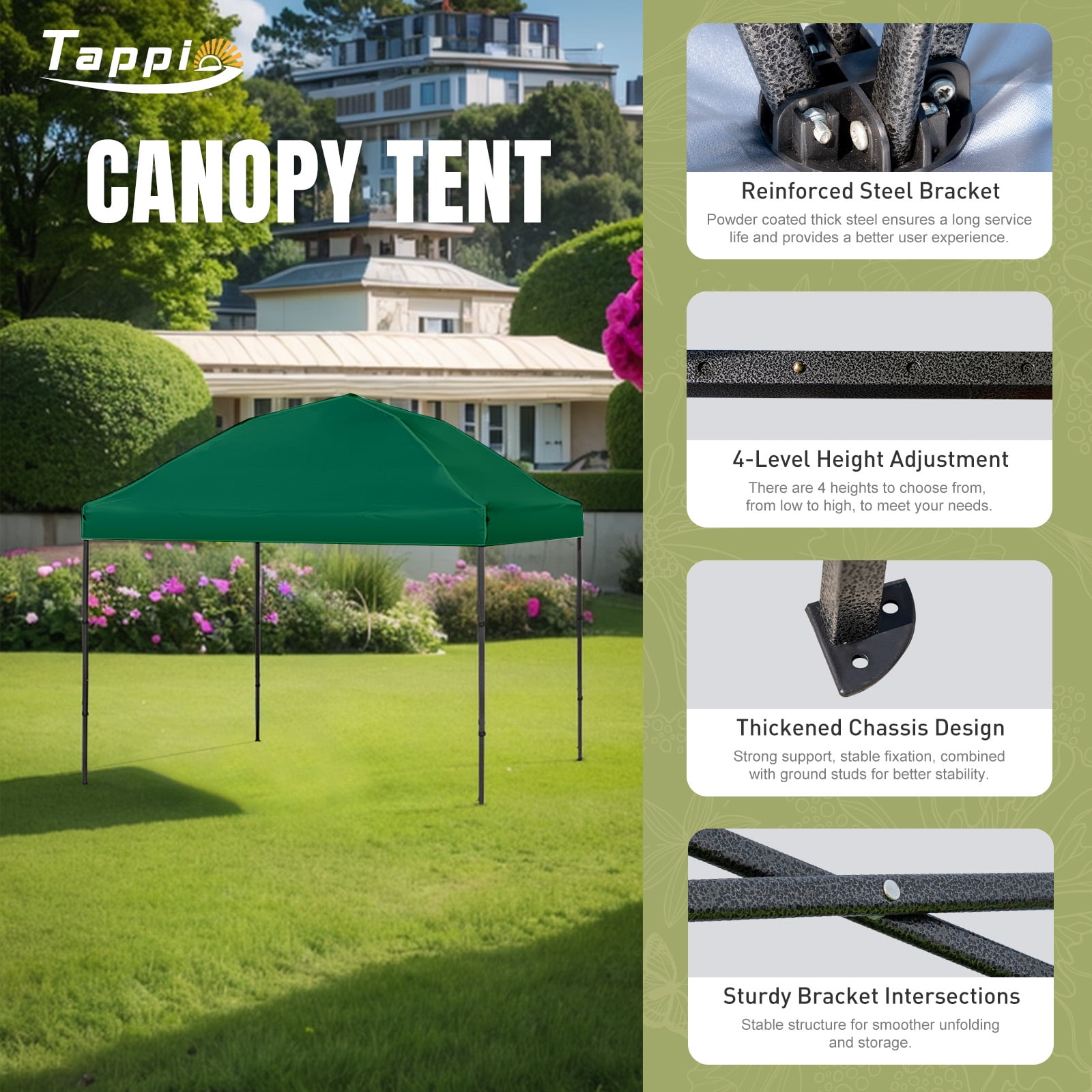 Tappio 10'x10' Pop Up Canopy Tent, Outdoor Instant Canopy Patio Gazebo Event Tent, Portable Waterproof Pop-up Canopy with 8 Stakes, 4 Ropes, 4 Sandbags and 1 Handbag for Party Camping Backyard, Green