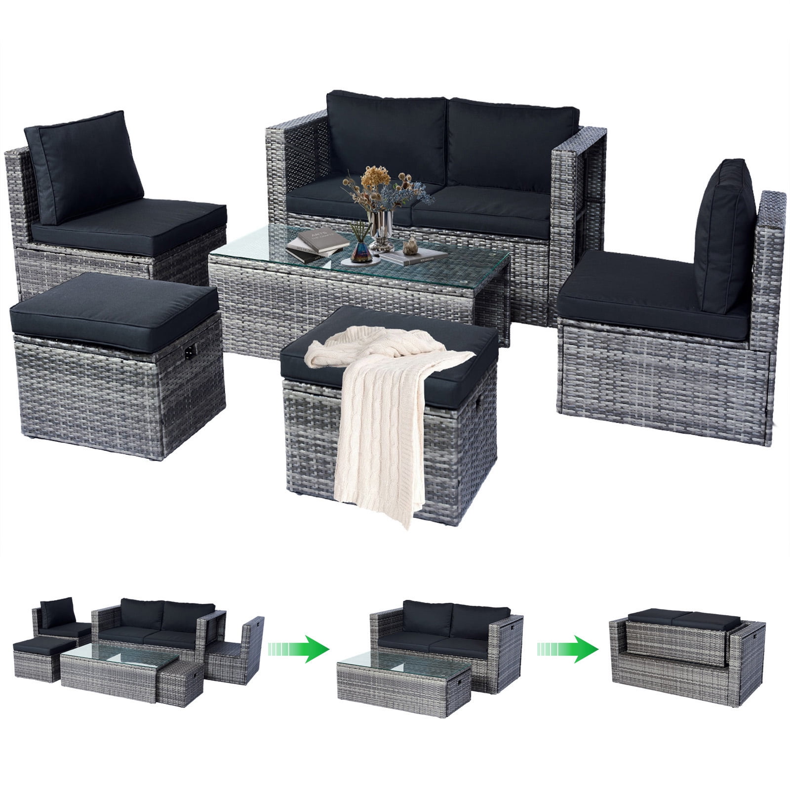 Tappio 7-Piece Rattan Patio Furniture Set, Storable Patio Conversation Set Outdoor Sectional Furniture Set for Patio, Garden, Backyard, Grey/Black