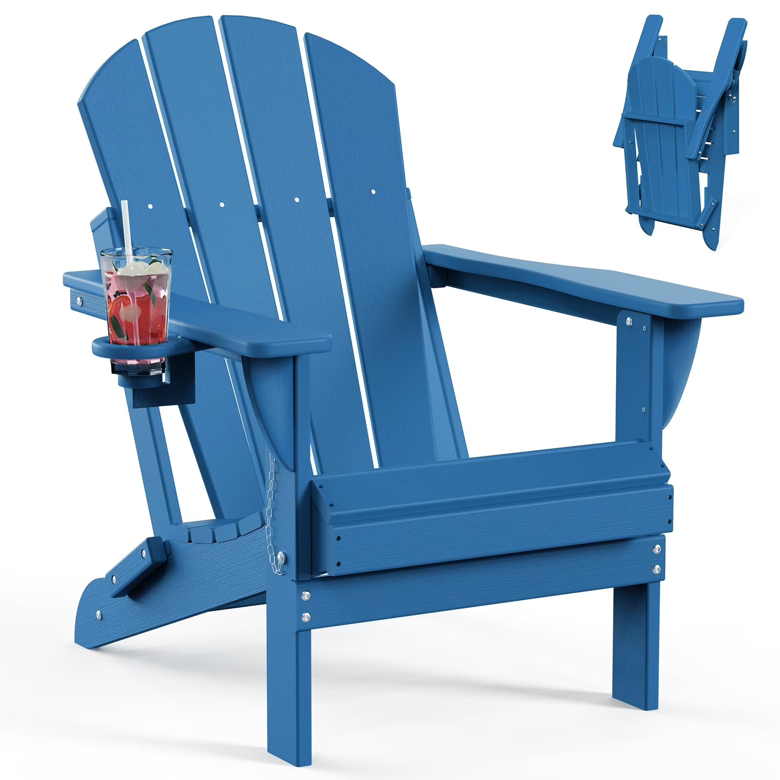 Tappio Foldable HDPE Adirondack Chair, Patio Seat All Weather Outdoor Patio Chair with Cup Holder for Lawn Yard Fire Pit, Wooden Textured