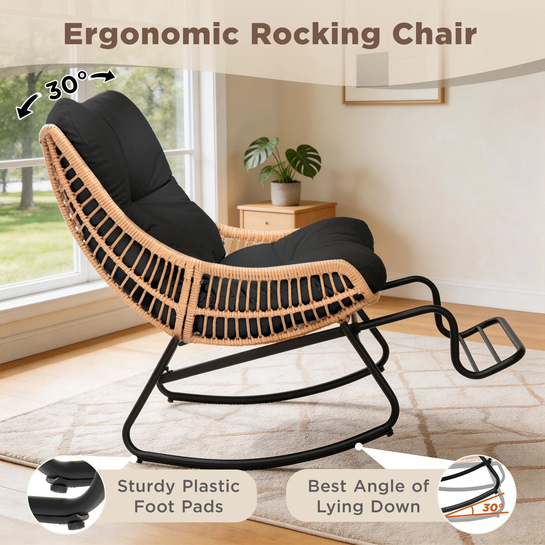 Tappio Wicker Rocking Chair with Adjustable Footrest, Outdoor Patio Egg Rocking Chair with Thick Cushion, Indoor Papasan Reading Lounge Recliner for Garden, Porch, Living Room