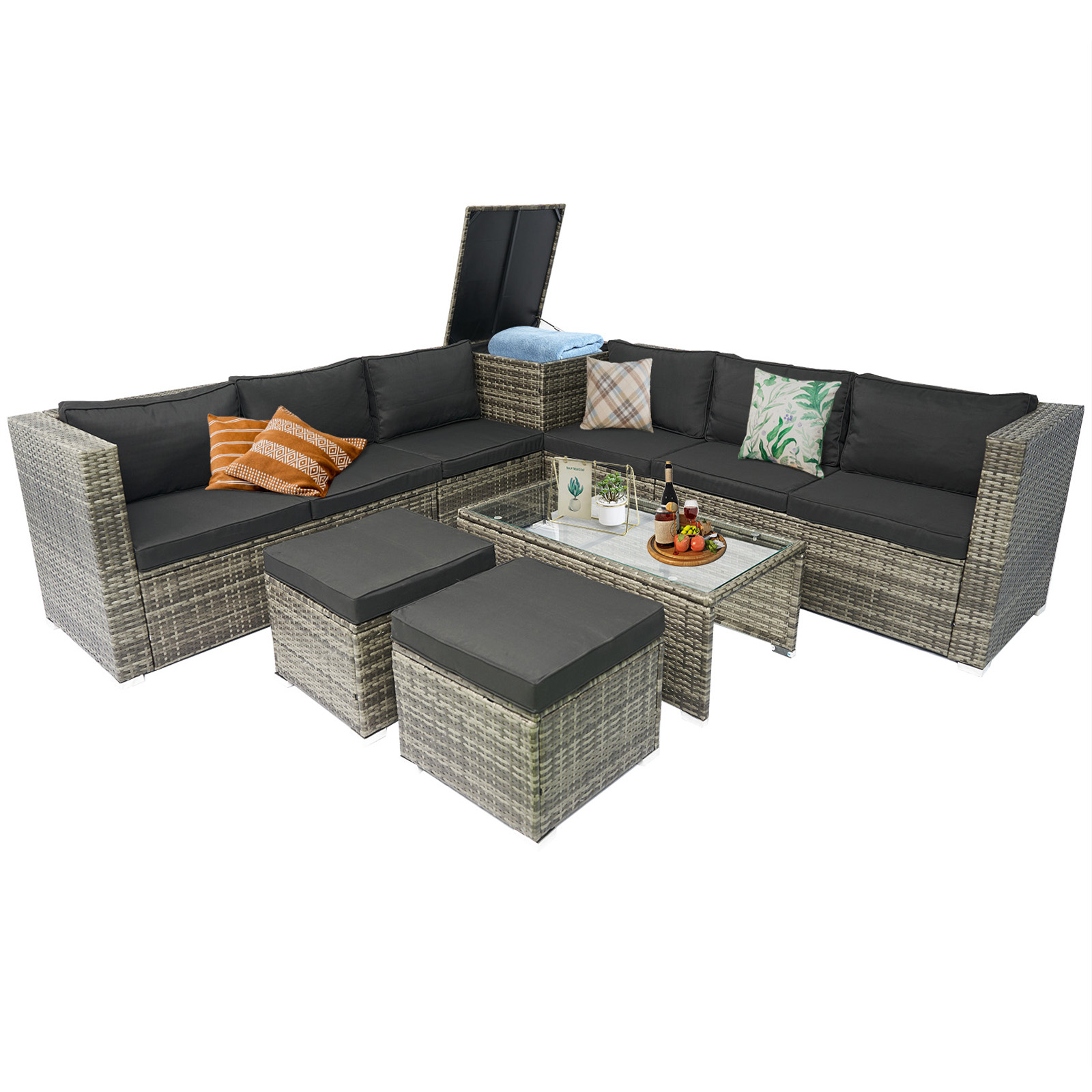 Tappio 10-Piece Rattan Patio Furniture Set, Patio Conversation Set with Hydraulic Deck Box and Side Table Outdoor Sectional Furniture Set for Patio, Garden, Backyard, Grey/Black ﻿