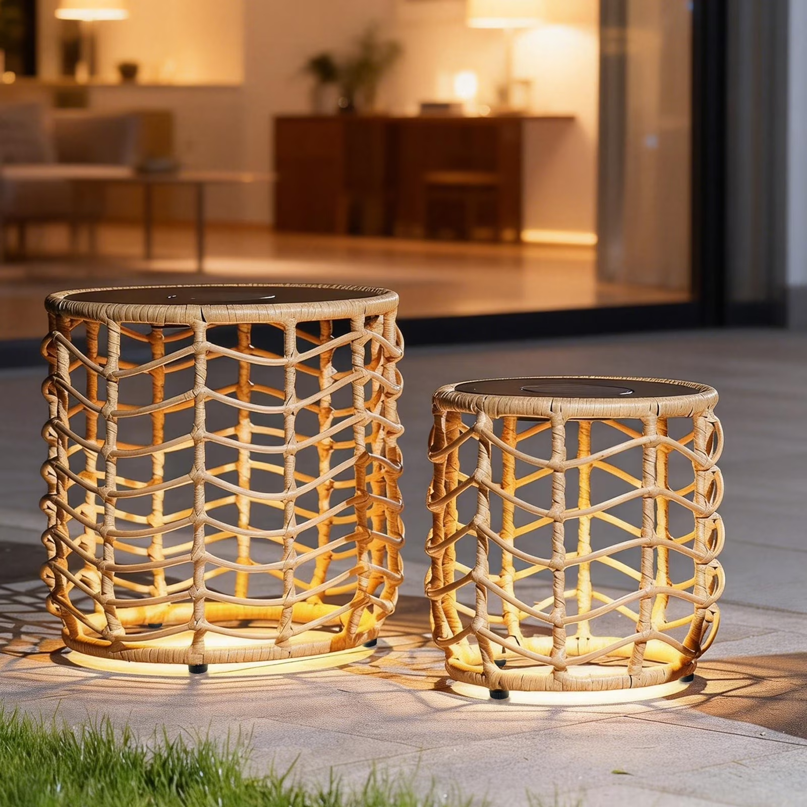 Tappio Round Side Table with Built-in Solar Light Set of 2, Tempered Glass Top End Table with Adjustable Foot Pads, All-Weather Wicker Nesting Tables Bistro Table for Patio, Porch, Garden and Indoor