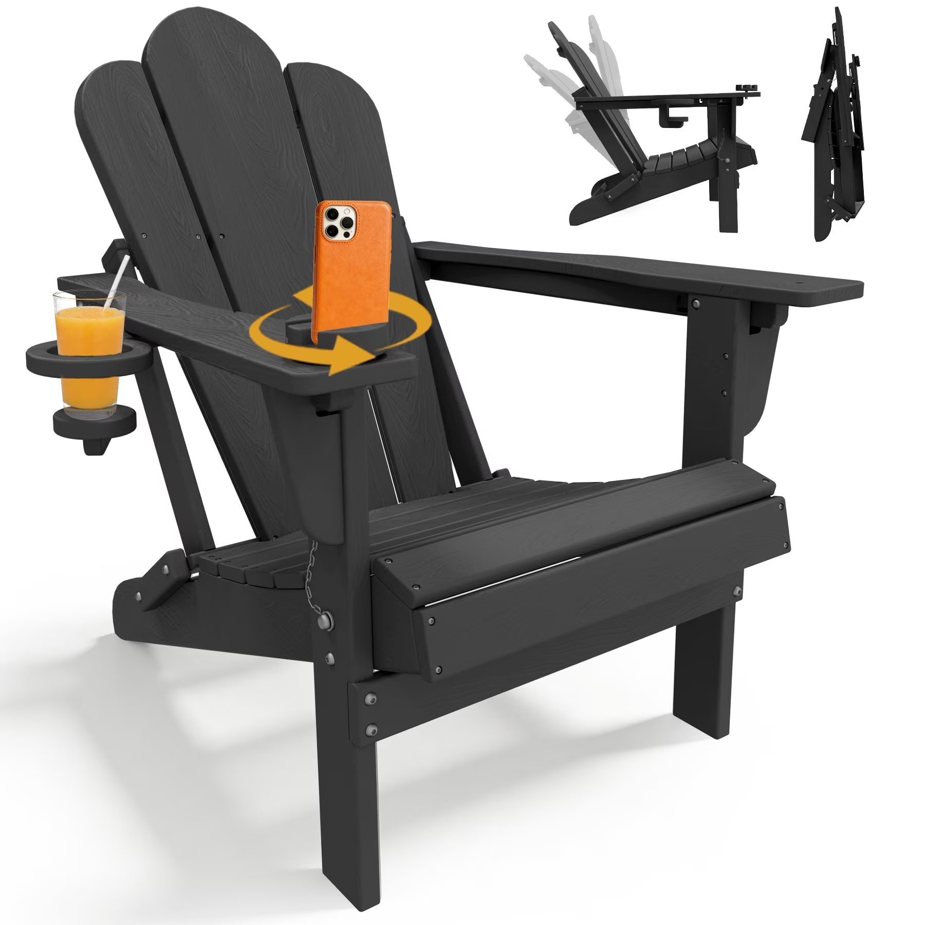 Tappio Folding Adirondack Chair All Weather HDPE Outdoor Patio Chairs with 3- Position Adjustable Backrest, Detachable Multifunctional Holders and Cup Holders, Fire Pit Chairs