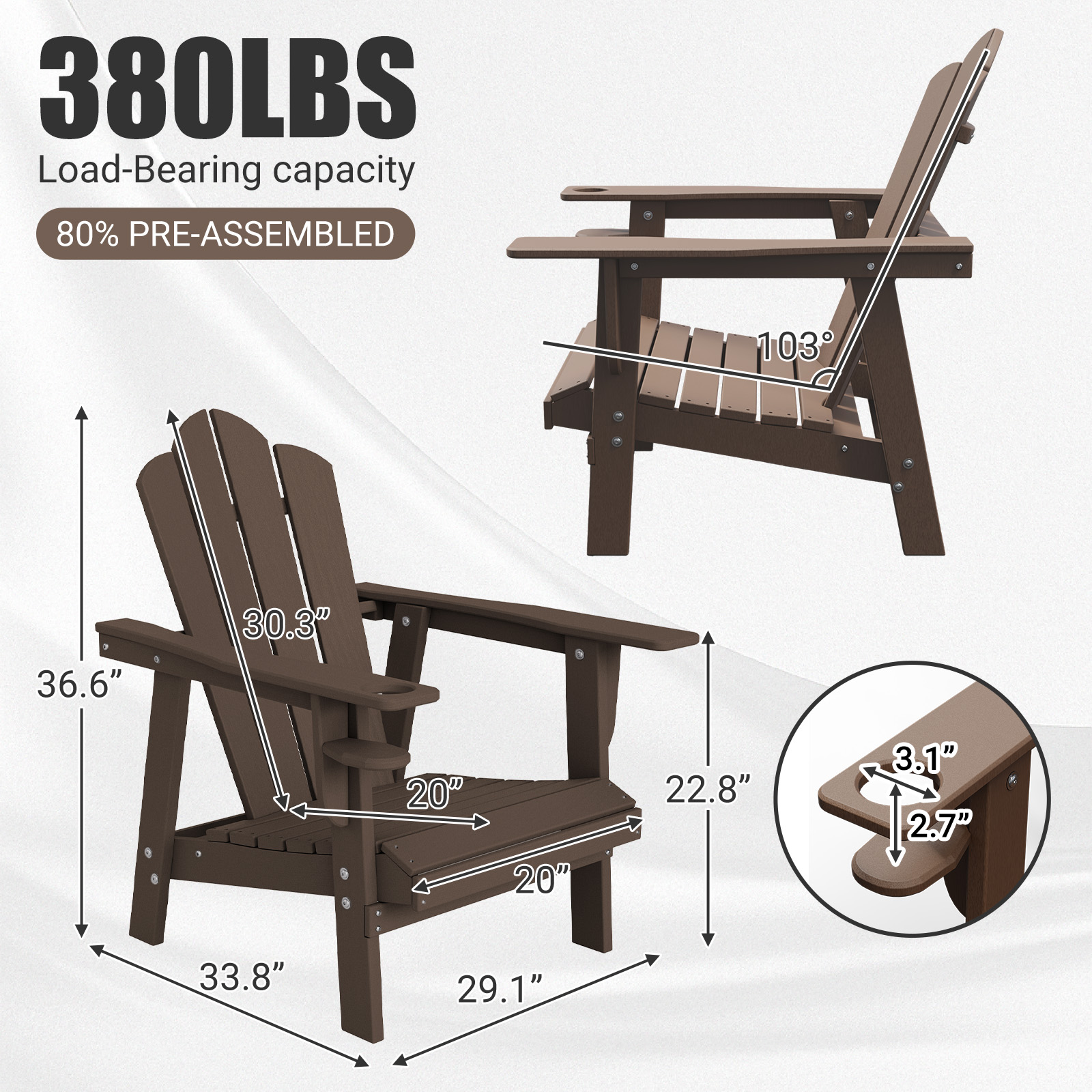 Tappio Adirondack Chair, All Weather Outdoor Patio Chair with Cup Holder, Porch Poolside Chair for Lawn, Yard, Brown