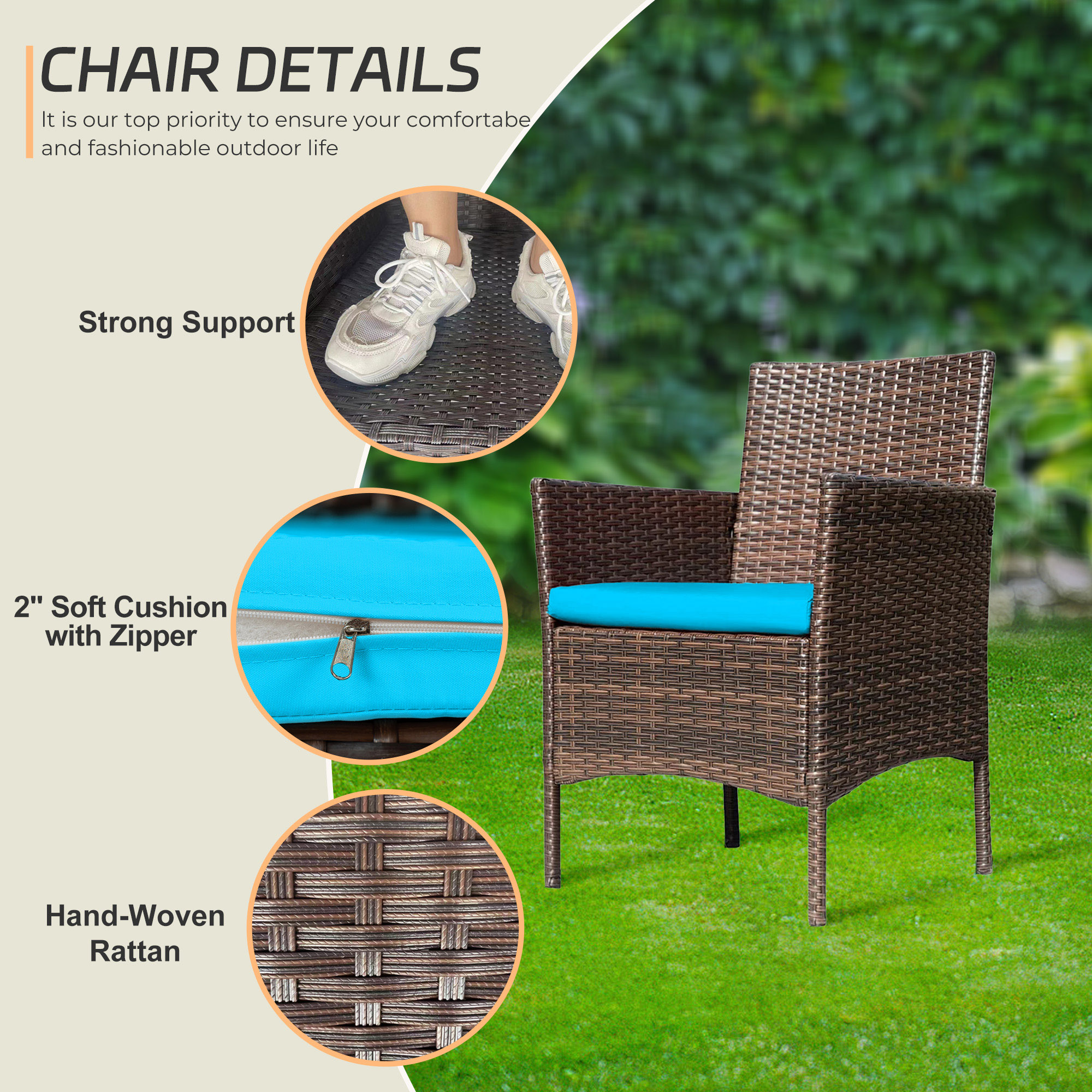 Tappio 4 Piece Outdoor Rattan Furniture Patio Conversation Set, Wicker Sofa Outdoor Patio Sets with Red Waist Pillows, Blue Cushions and 2-Tier Table for Yard, Pool or Backyard