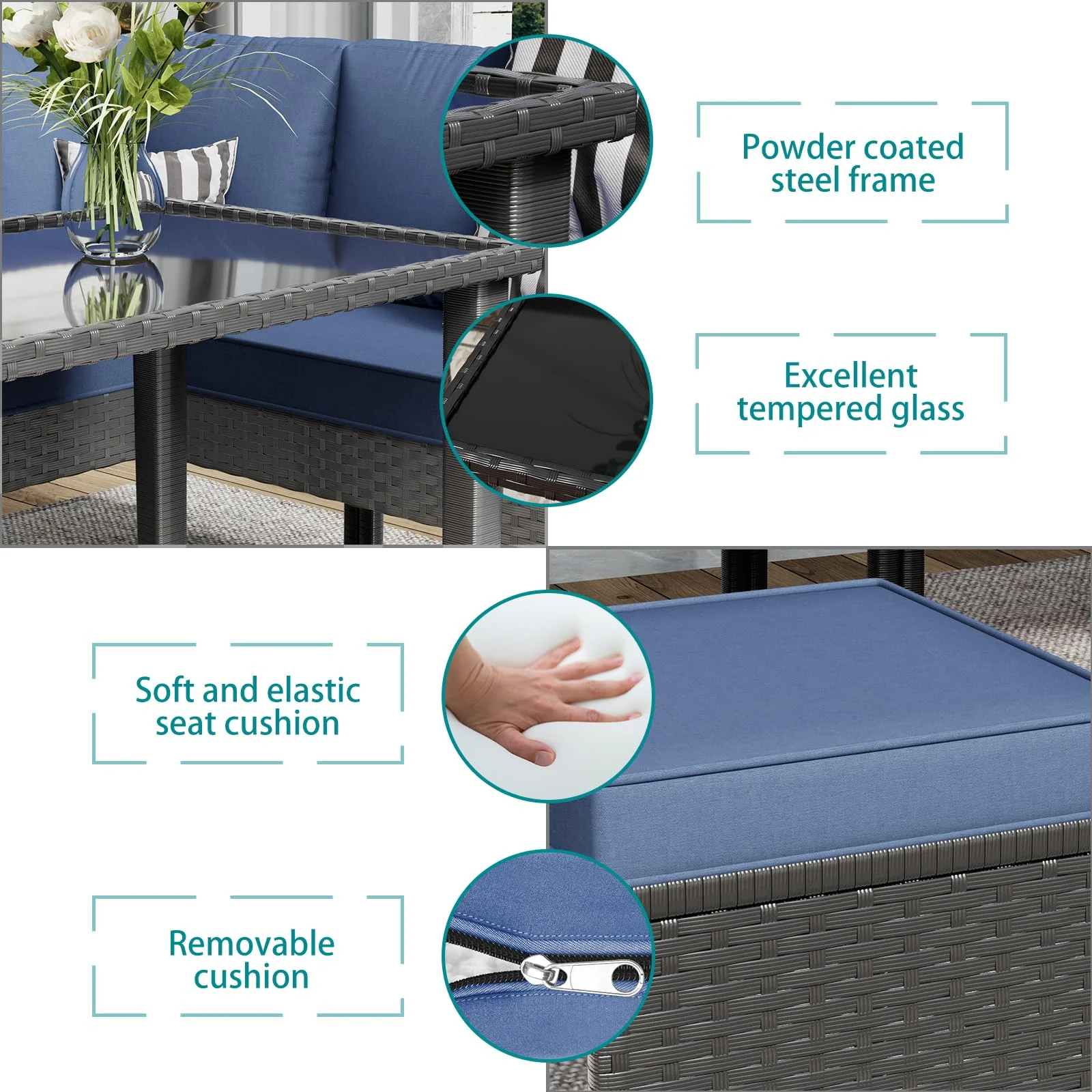 Tappio 4-Piece Rattan Patio Furniture Set, Outdoor Wicker Conversation Set with Tempered Glass Table