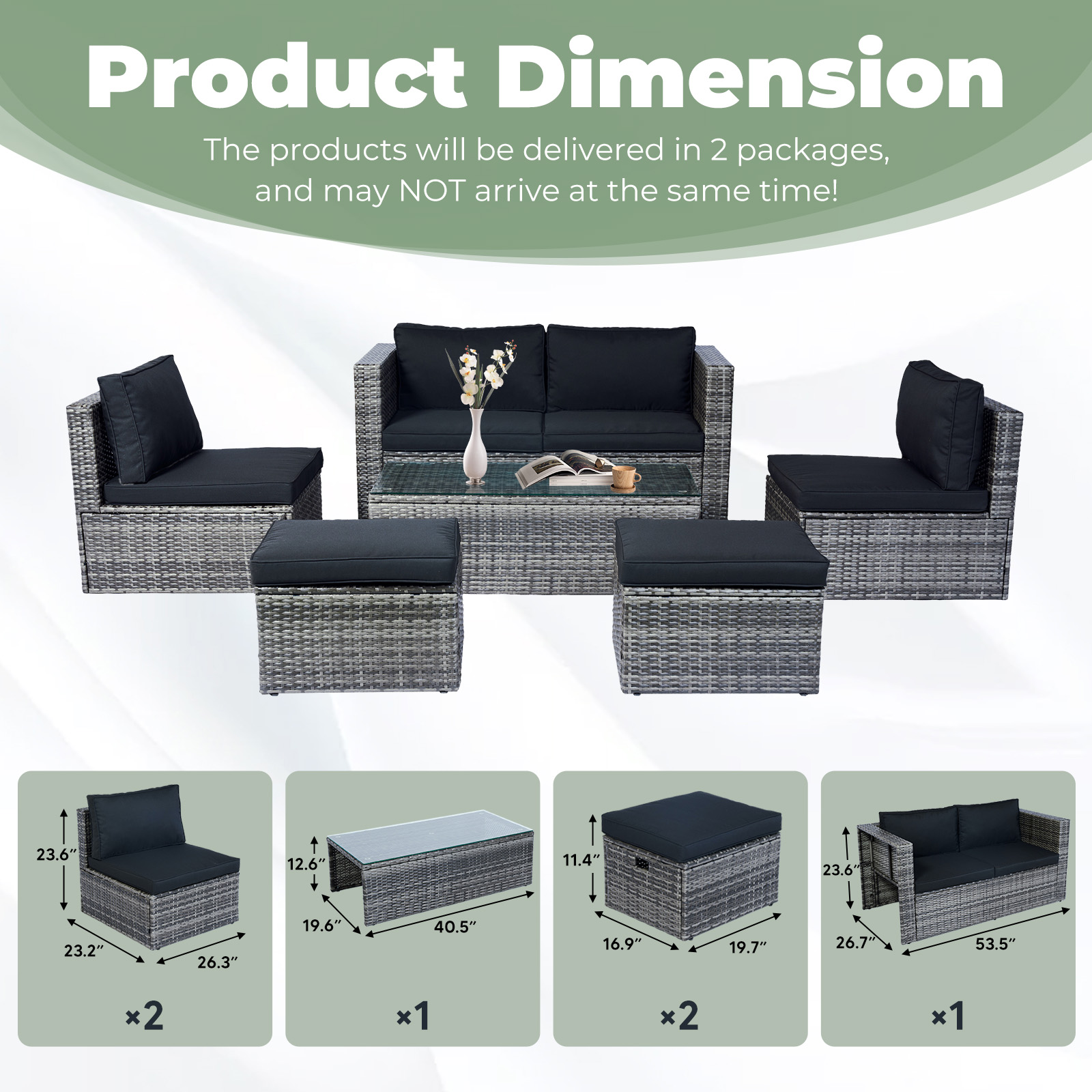 Tappio 7-Piece Rattan Patio Furniture Set, Storable Patio Conversation Set Outdoor Sectional Furniture Set for Patio, Garden, Backyard, Grey/Black