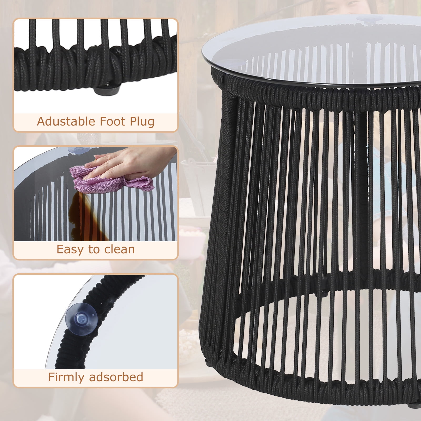 Tappio Patio Rattan Round Side End Table, Tempered Glass Top End Table with Adjustable Foot Pads, Black Small Bistro Table ﻿