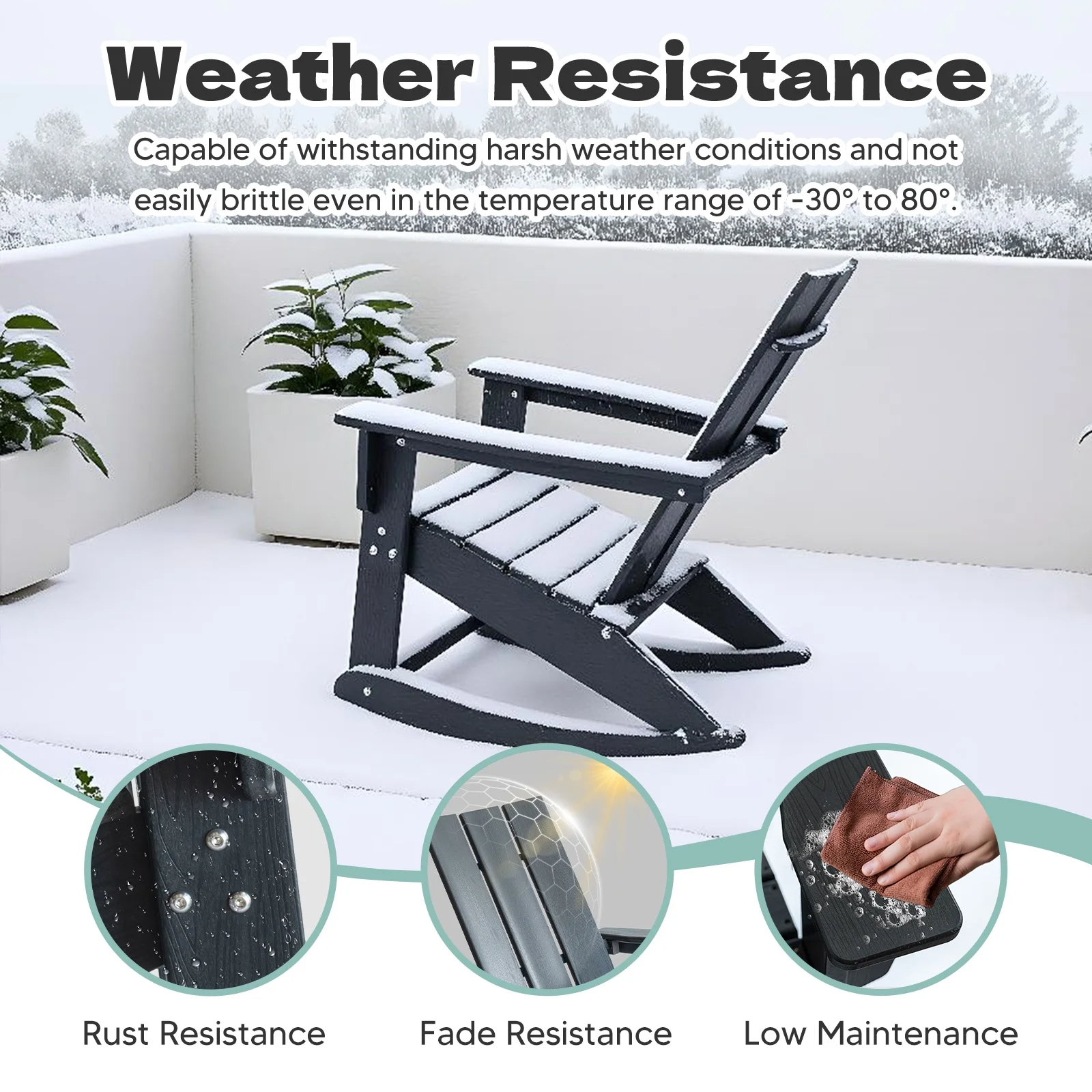 Tappio HDPE Rocking Chair All Weather Porch Rocker with High Backrest, Outdoor Indoor Rocking Armchair, Black