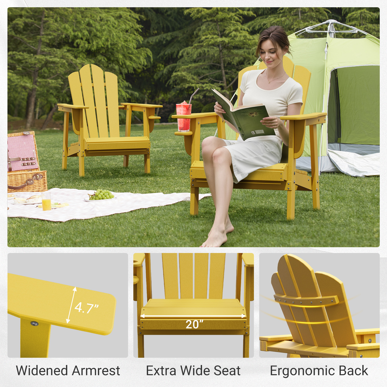 Tappio Adirondack Chair, All Weather Outdoor Patio Chair with Cup Holder, Porch Poolside Chair for Lawn, Yard, Yellow