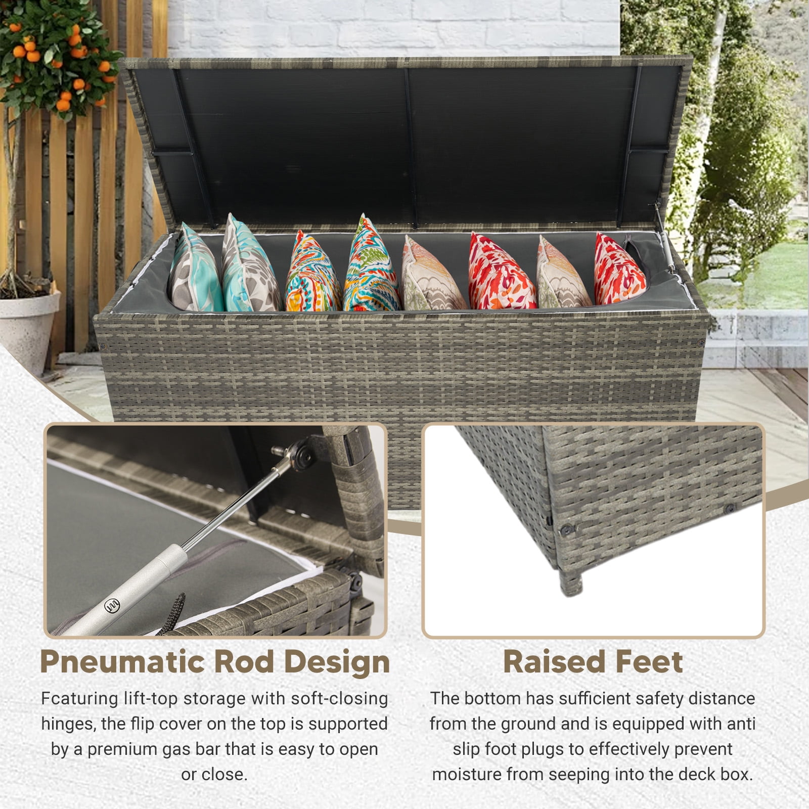 Tappio 113-Gallon Deck Box, Lockable Outdoor PE Rattan Storage Box with Rod and Waterproof Bag