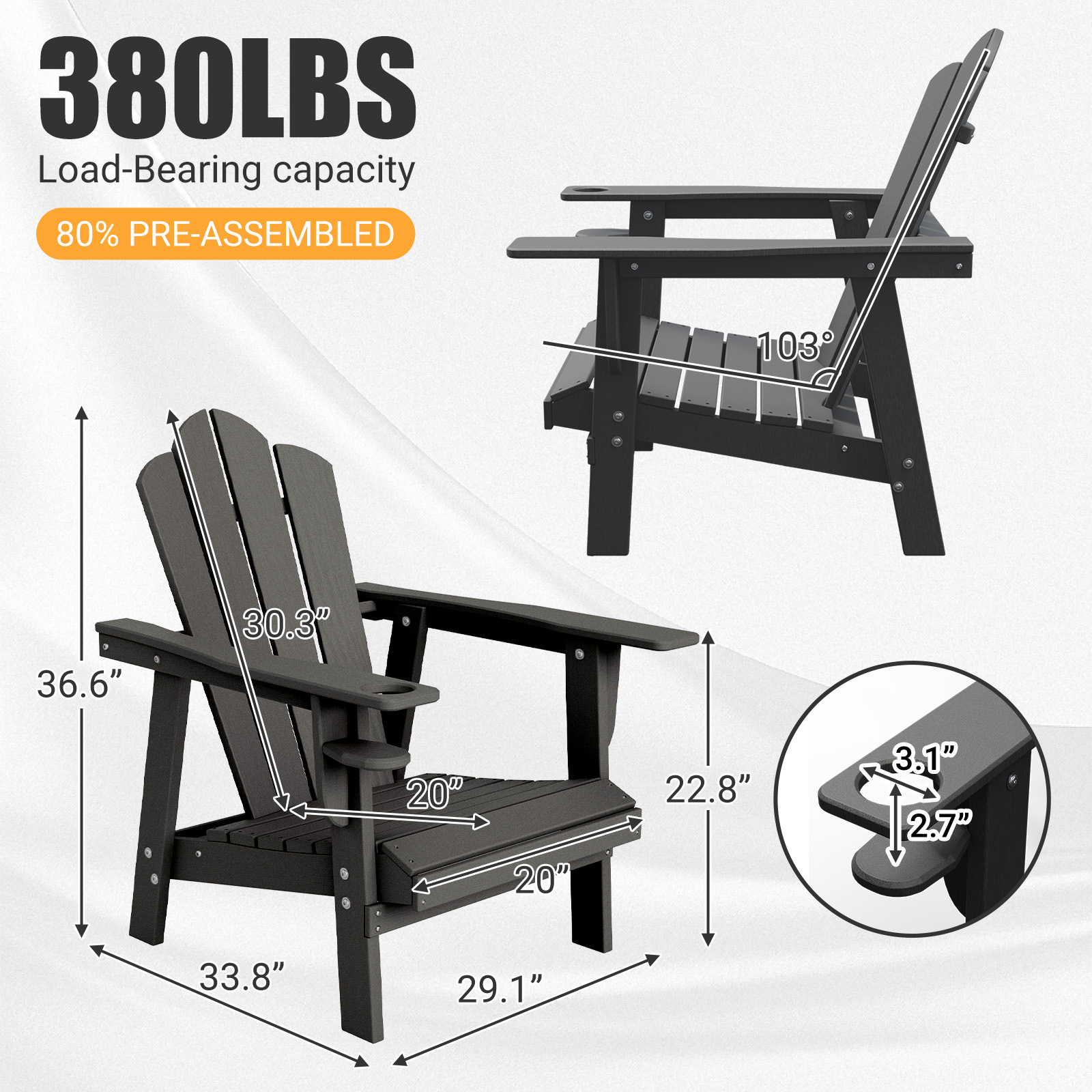 Tappio Adirondack Chair, All Weather Outdoor Patio Chair with Cup Holder, Porch Poolside Chair for Lawn, Yard, Gray