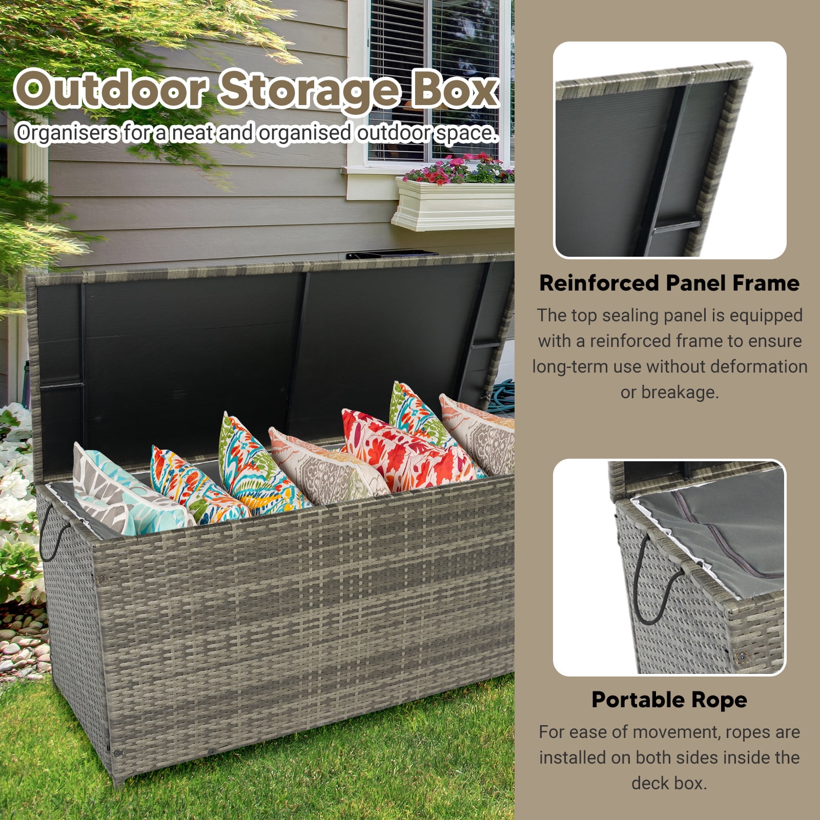 Tappio 113-Gallon Deck Box, Lockable Outdoor PE Rattan Storage Box with Rod and Waterproof Bag