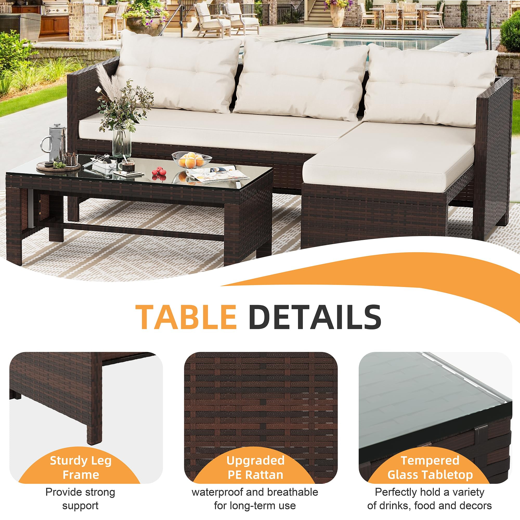 Tappio 5 Pieces Patio Furniture Sets All Weather Outdoor Sectional Patio Sofa Manual Weaving Wicker Rattan Patio Seating Sofas with Cushion and Glass Table ﻿