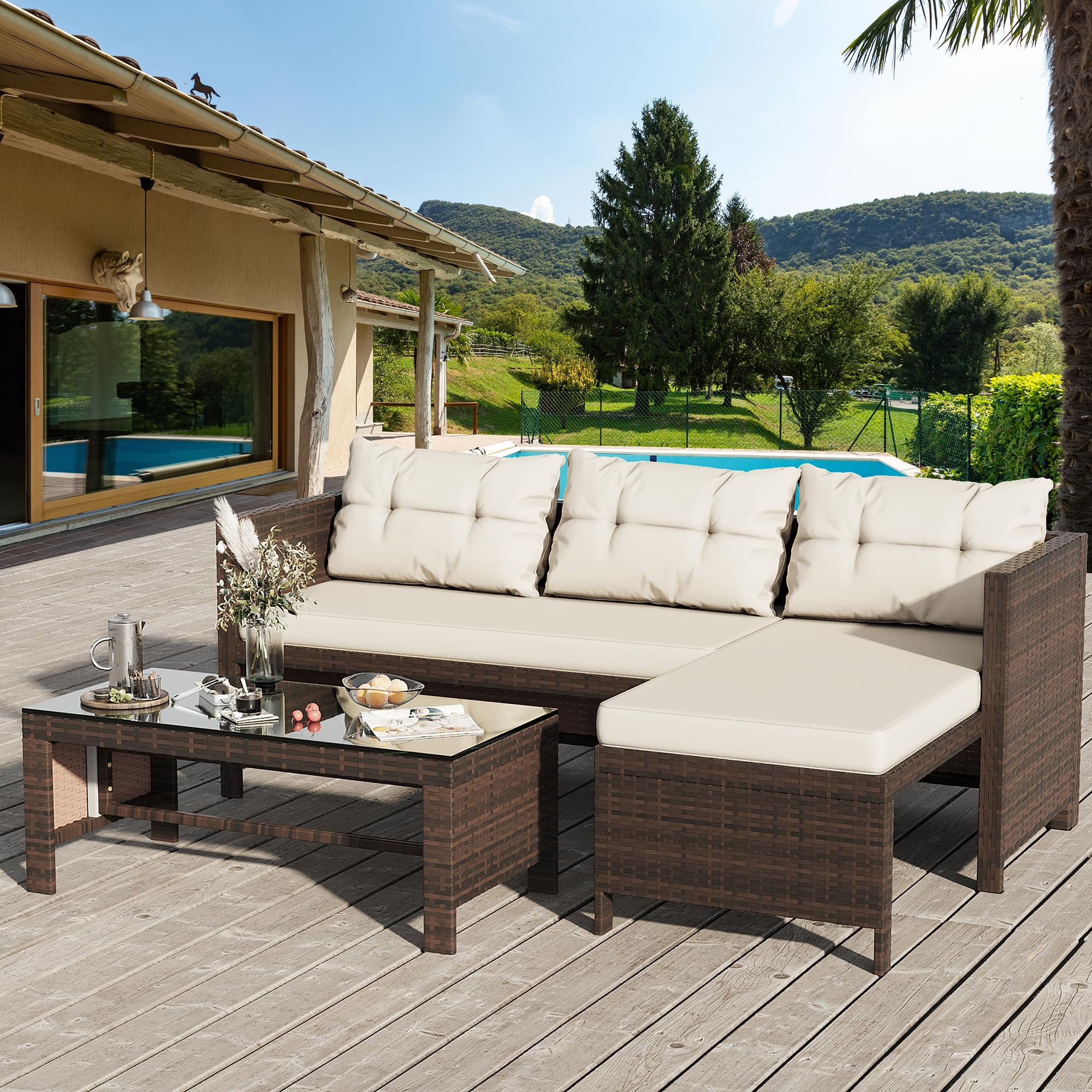 Tappio 5 Pieces Patio Furniture Sets All Weather Outdoor Sectional Patio Sofa Manual Weaving Wicker Rattan Patio Seating Sofas with Cushion and Glass Table ﻿