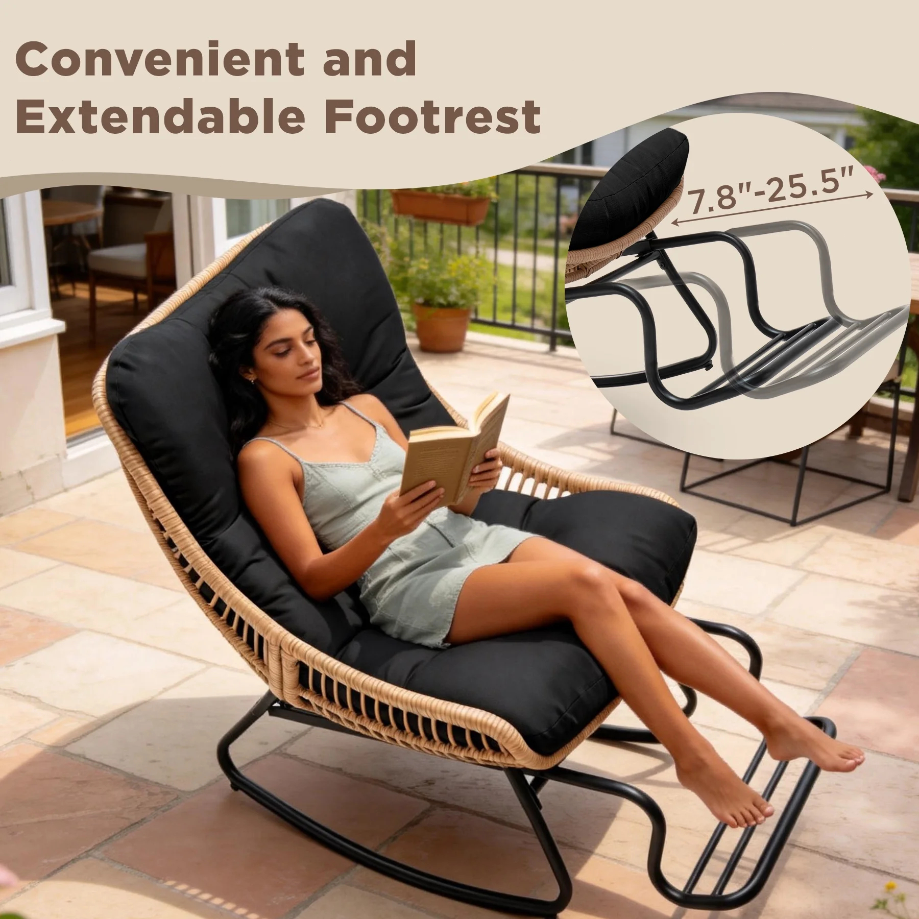 Tappio Wicker Rocking Chair with Adjustable Footrest, Outdoor Patio Egg Rocking Chair with Thick Cushion, Indoor Papasan Reading Lounge Recliner for Garden, Porch, Living Room