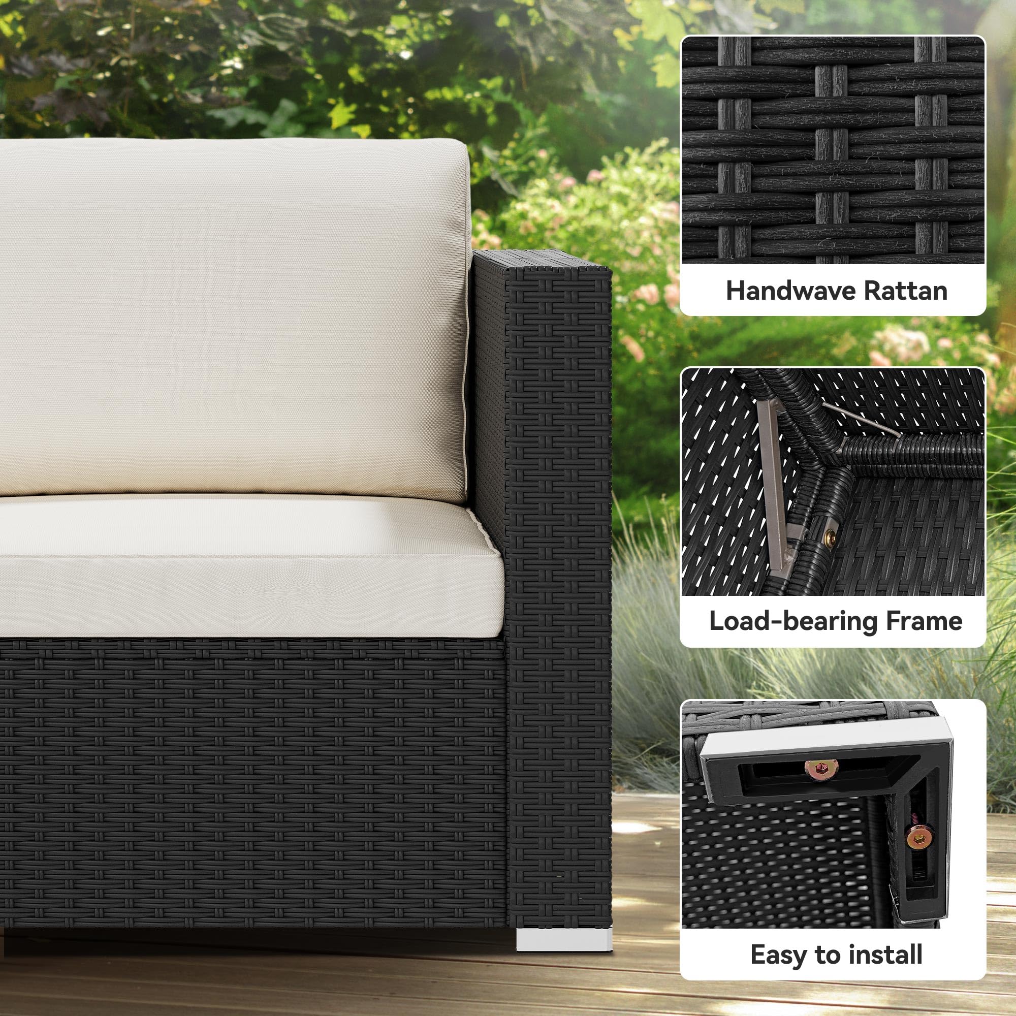 Tappio 7 Pieces Outdoor Patio Furniture Sets, PE Rattan Wicker Patio Conversation Sectional Set with Washable Thick Cushions and Tea Table, Black/Cream